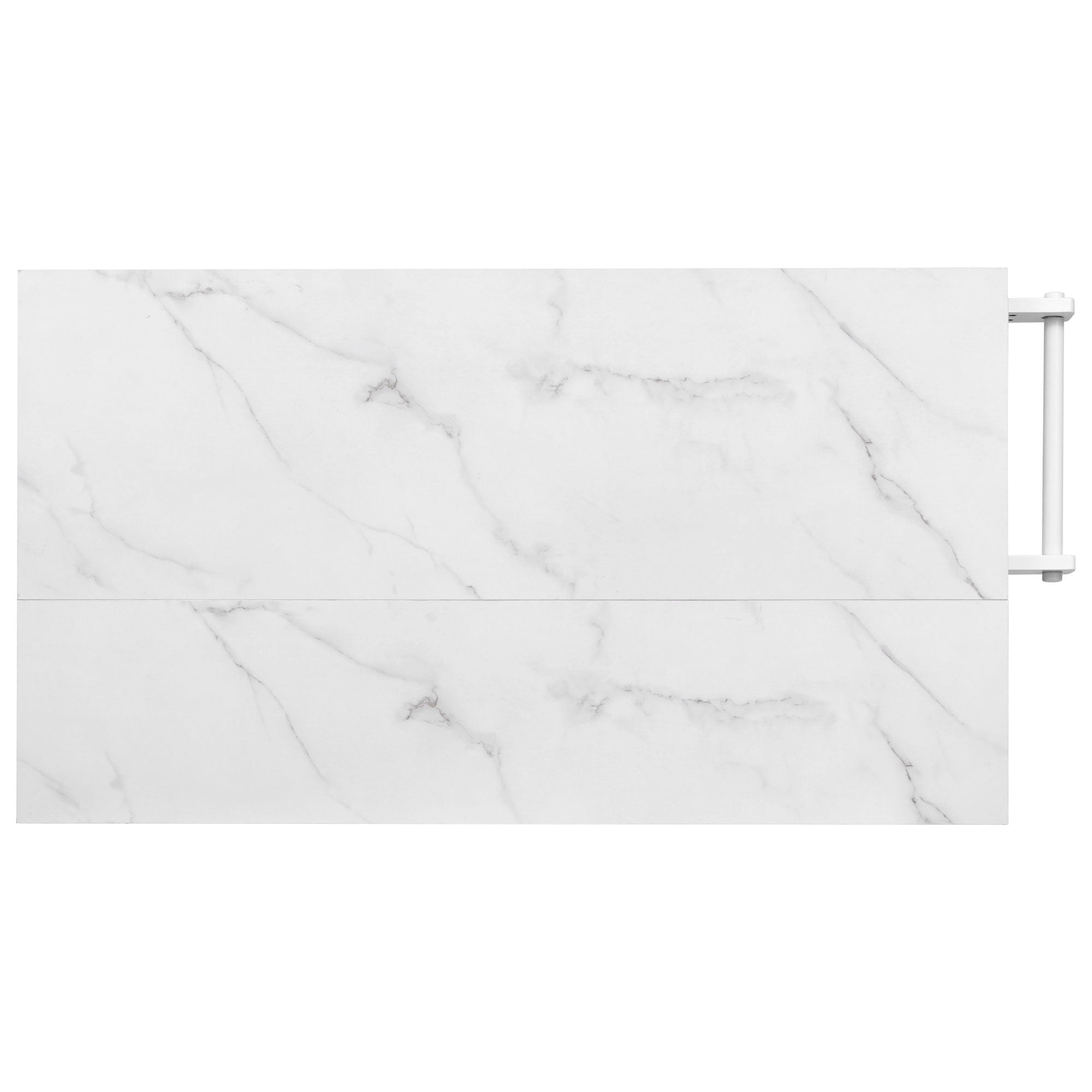 Deauville white kitchen island showing marble-look drop leaf countertop surface from top view with extended workspace