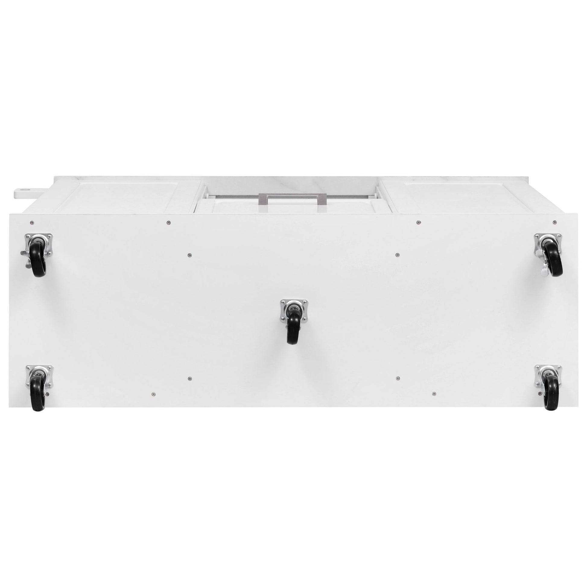 Deauville white kitchen island showing underside construction with rolling caster wheels for smooth mobility and stability