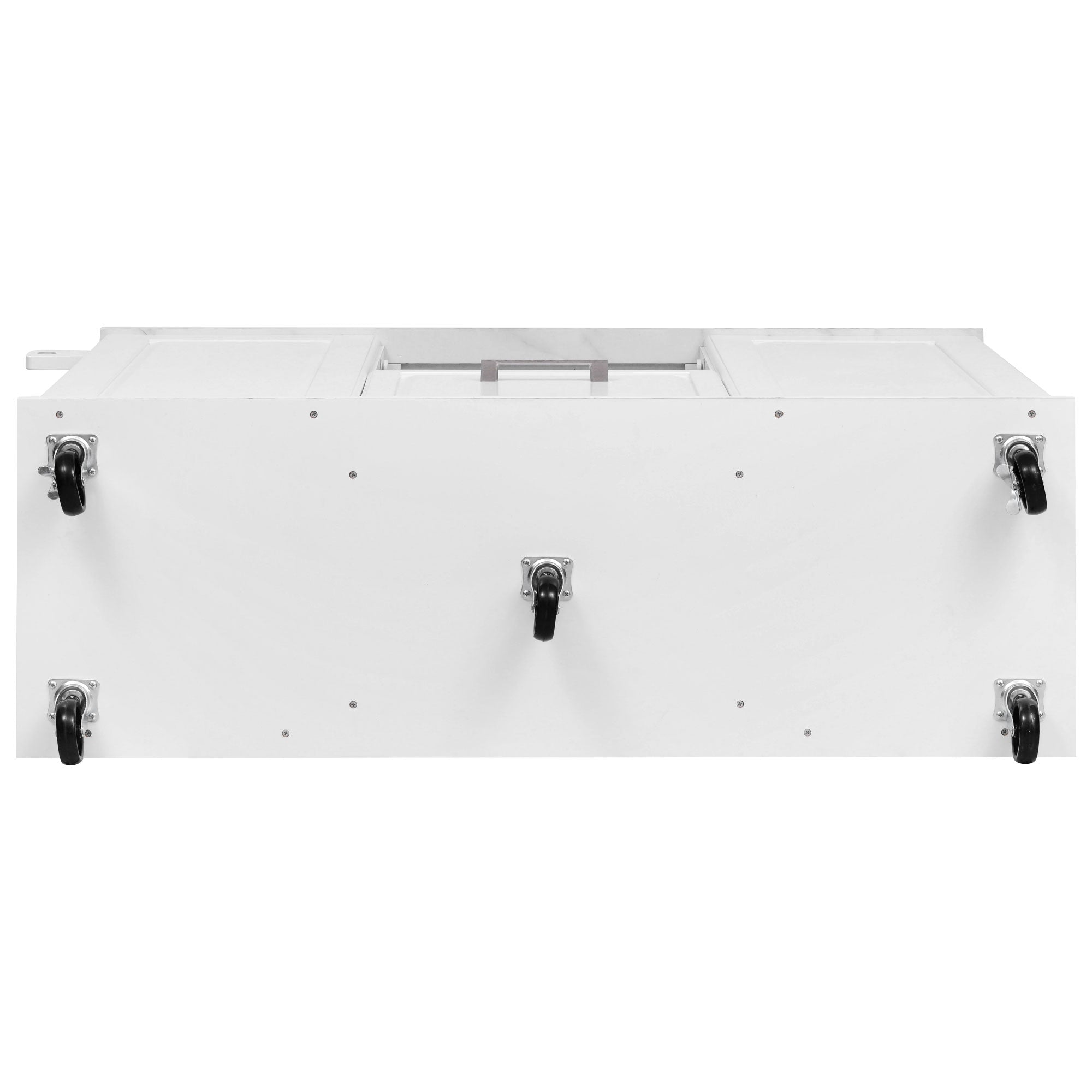 Deauville white kitchen island showing underside construction with rolling caster wheels for smooth mobility and stability
