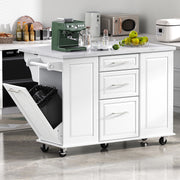 Deauville white kitchen island showing drop leaf countertop hidden tilt-out trash cabinet drawers and rolling storage in a modern kitchen