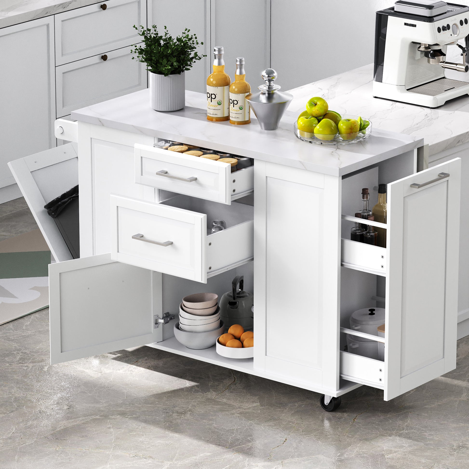 Deauville white kitchen island showing pull-out organizer shelves drawers hidden tilt-out trash cabinet and spacious kitchen storage compartments