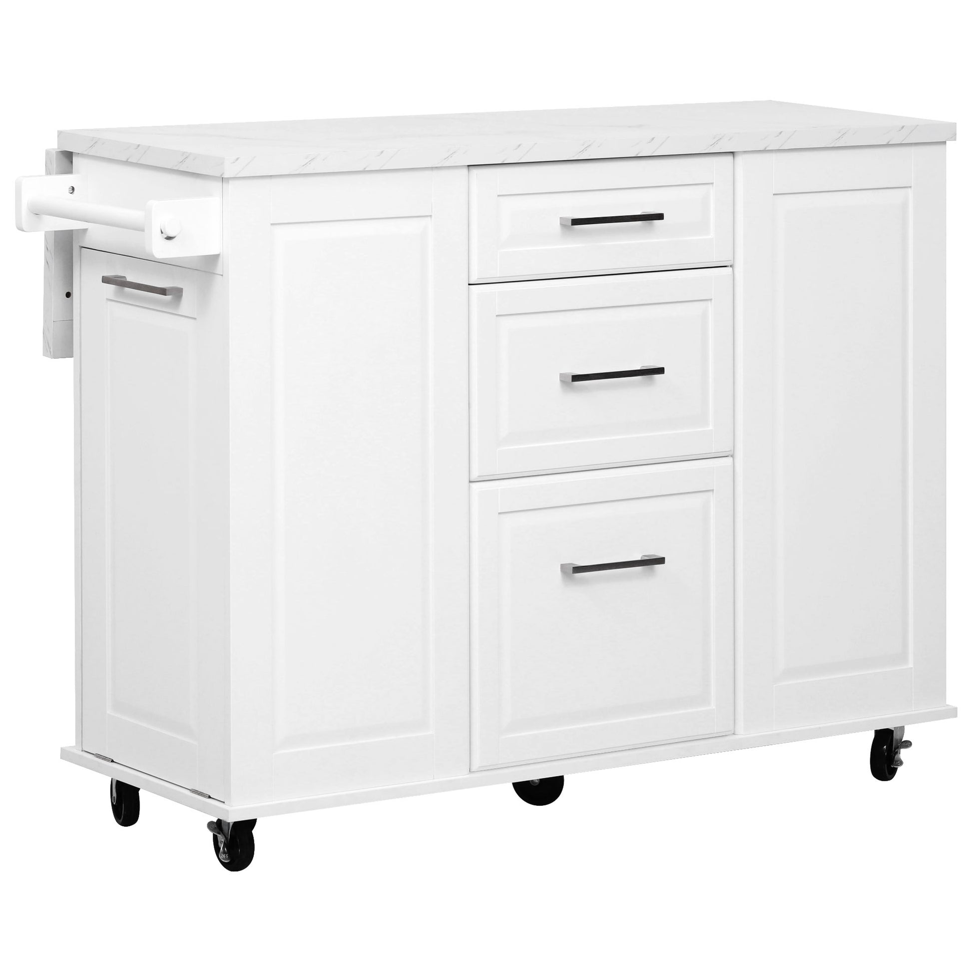 Deauville white kitchen island showing drop leaf countertop drawers storage cabinets towel holder and rolling caster wheels from angled view