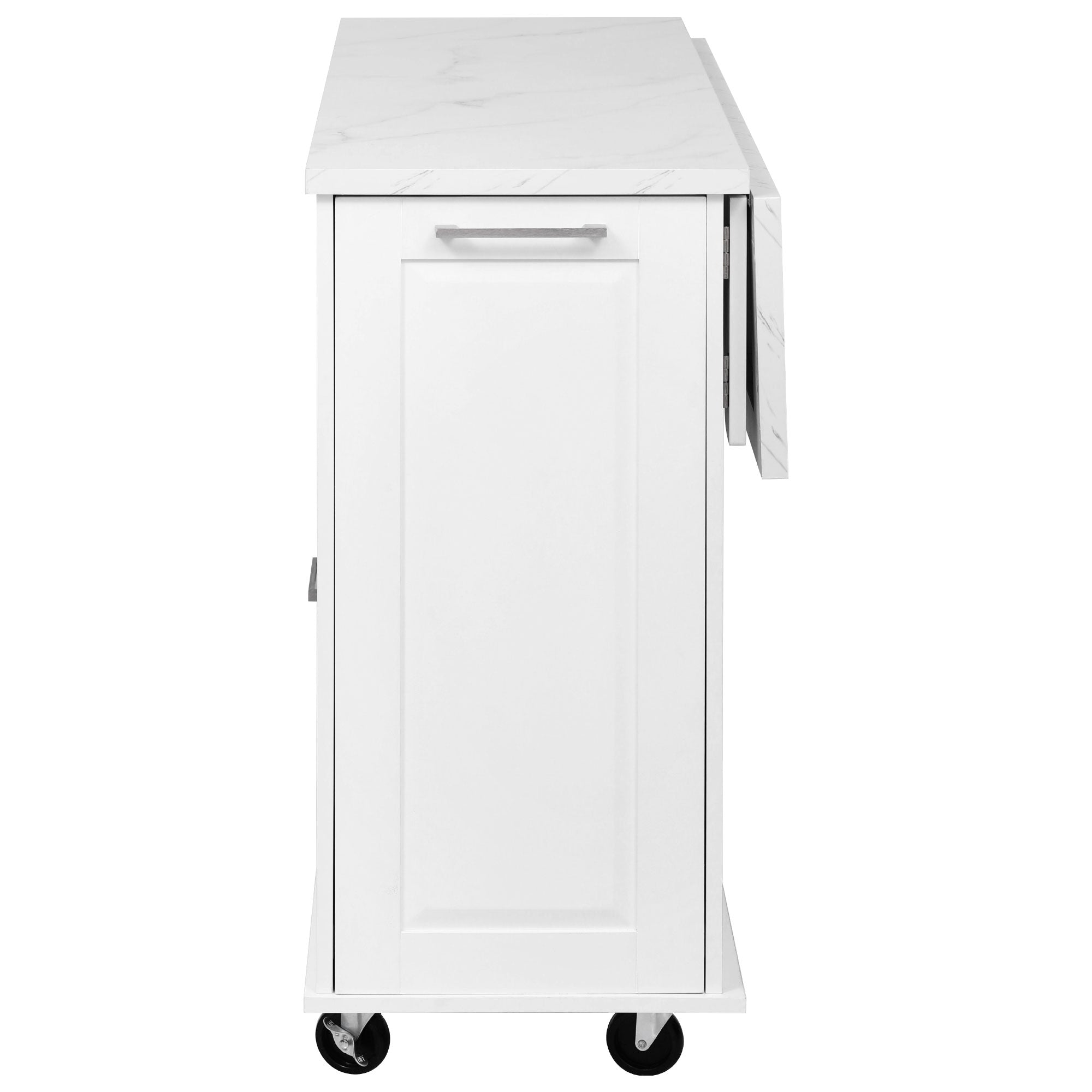 Deauville white kitchen island showing side profile with drop leaf extension countertop and storage cabinet structure