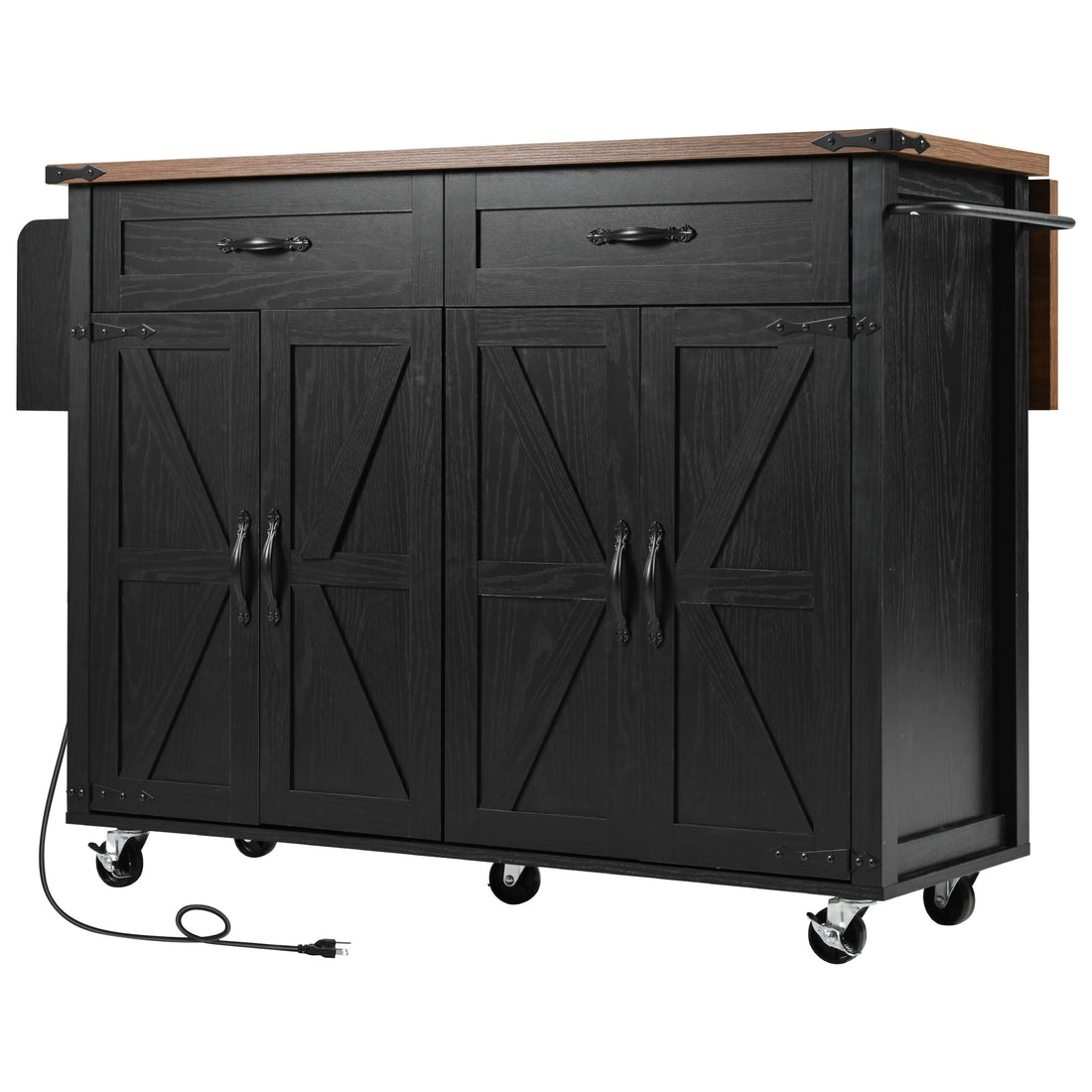 Black Dijon farmhouse rolling kitchen island with barn door cabinets drawers side towel rack caster wheels and built in power outlet isolated on white background