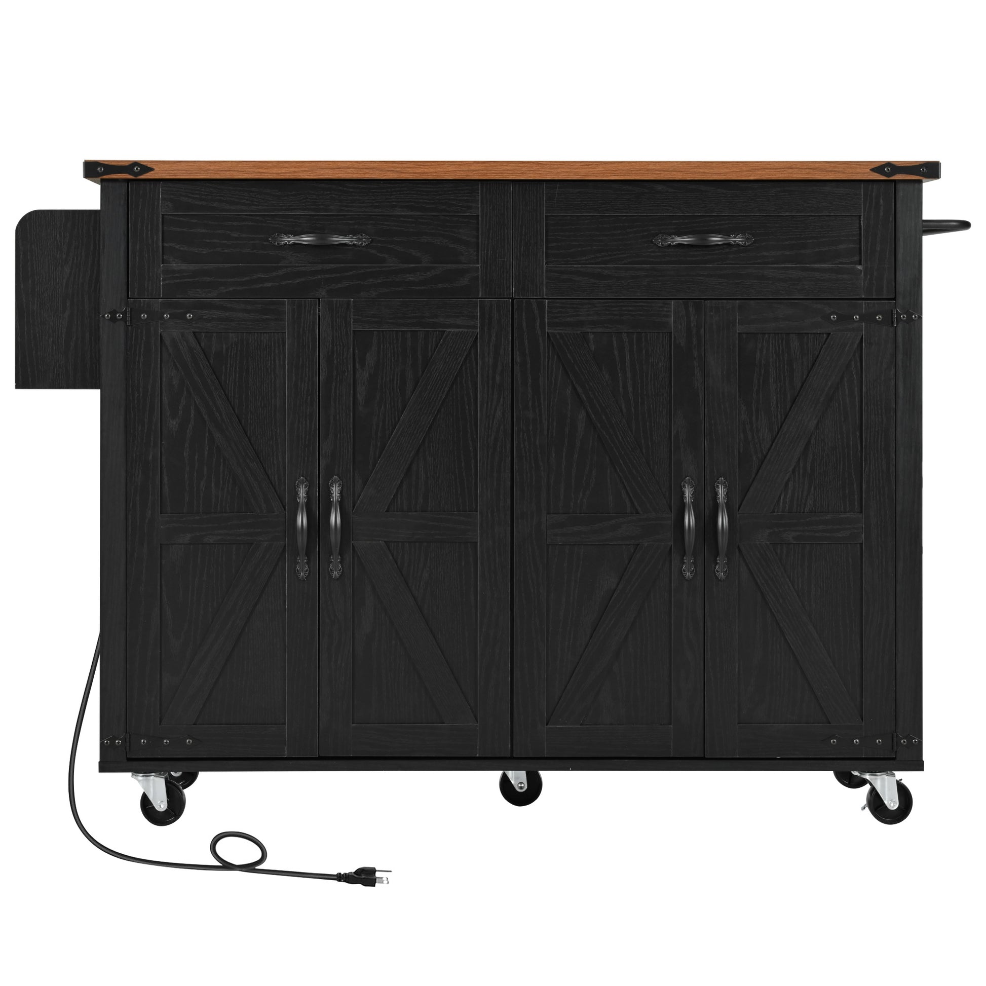 Black Dijon farmhouse rolling kitchen island with double barn doors drawers side rack caster wheels and built in power outlet isolated on white background