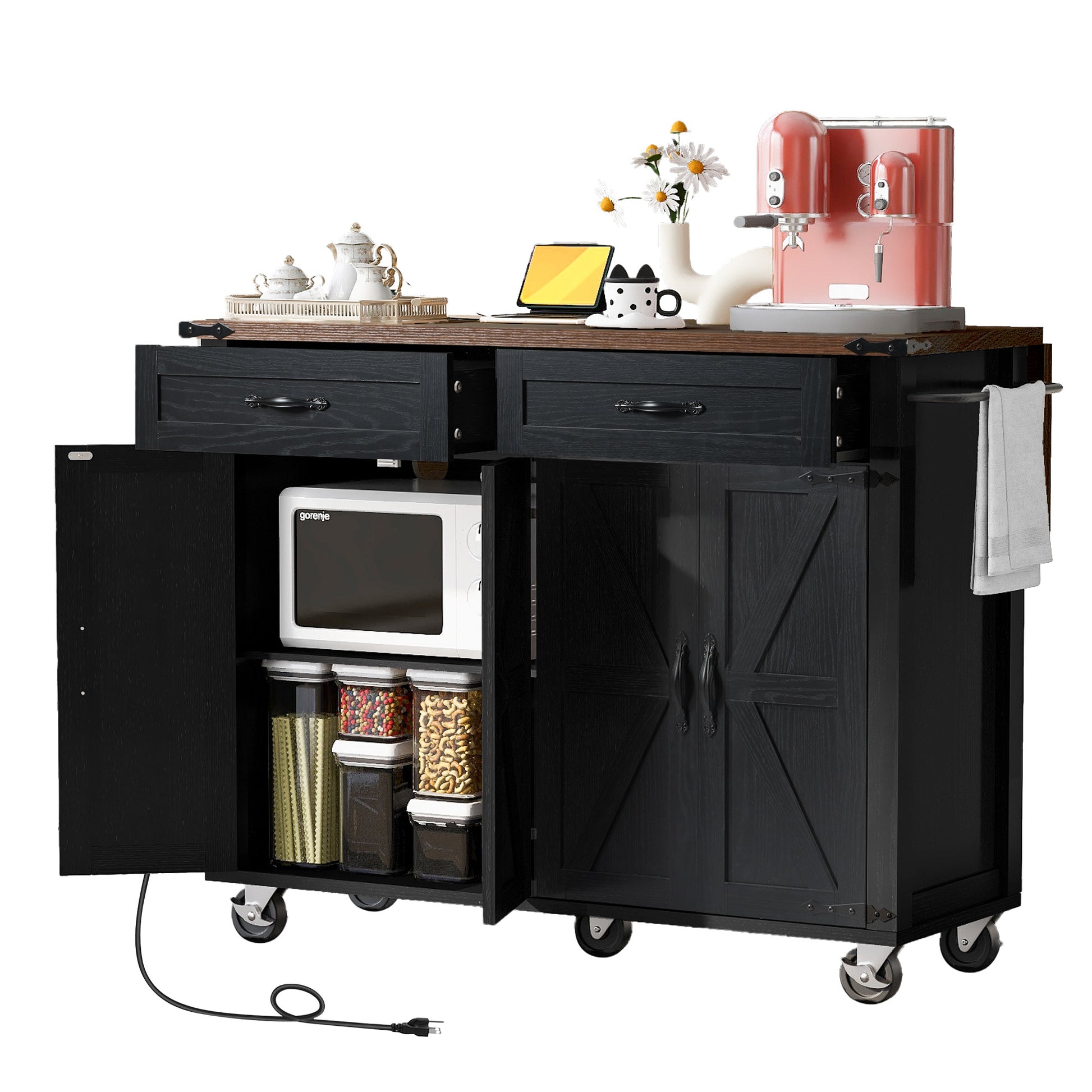 Black Dijon farmhouse rolling kitchen island with open cabinet storage drawers microwave shelf towel rack and caster wheels isolated on white background
