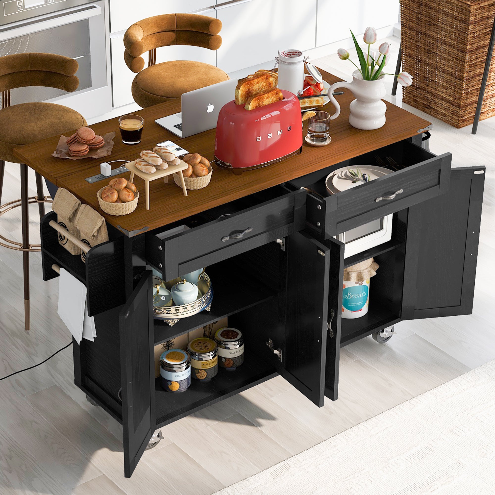 Black Dijon farmhouse rolling kitchen island with open drawers cabinet storage drop leaf countertop and caster wheels styled as breakfast and coffee station in modern kitchen scene