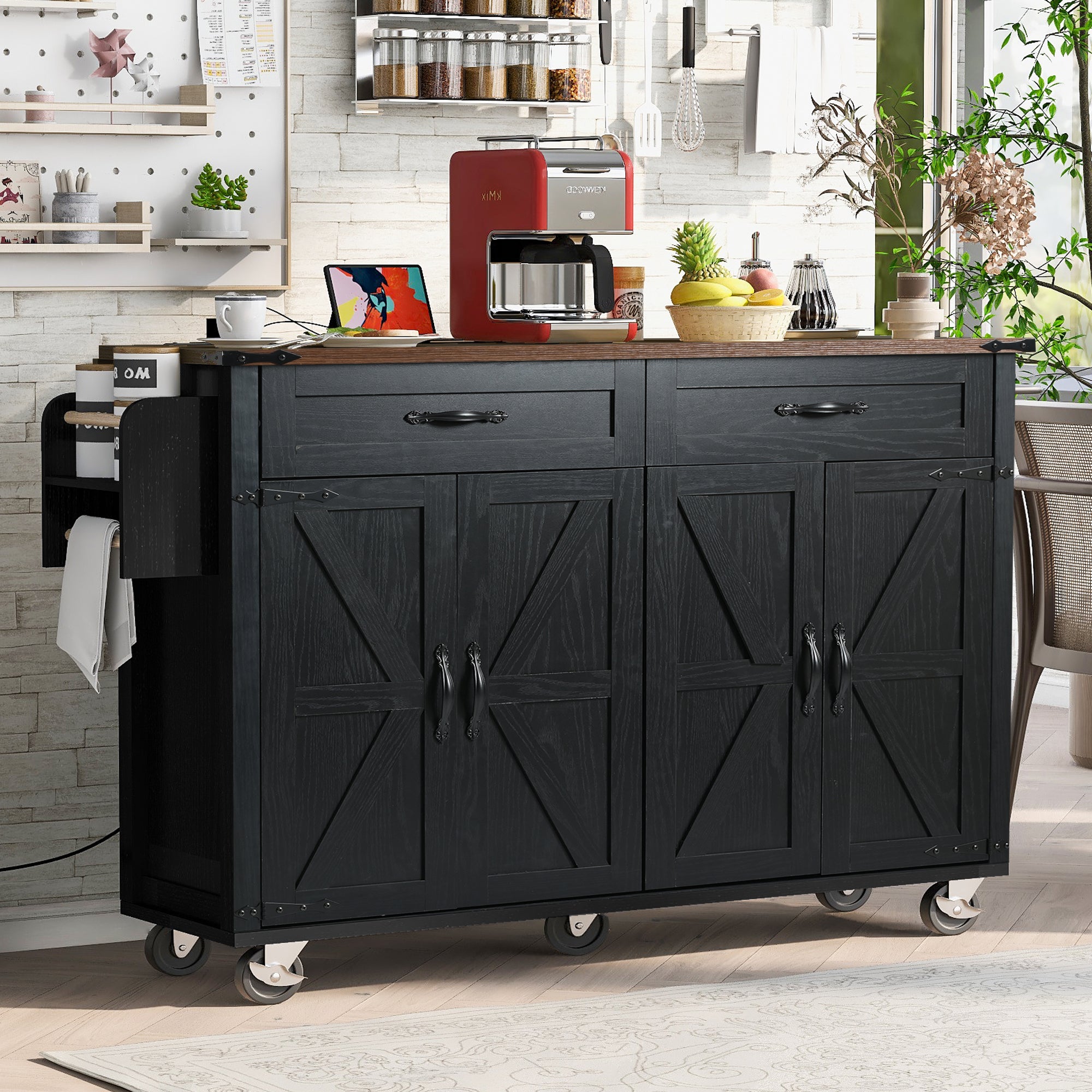 Black Dijon farmhouse rolling kitchen island with double barn doors drawers side storage rack and caster wheels in modern kitchen scene