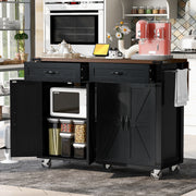 Black Dijon farmhouse rolling kitchen island with open cabinet storage microwave shelf drawers towel rack and caster wheels in modern kitchen scene