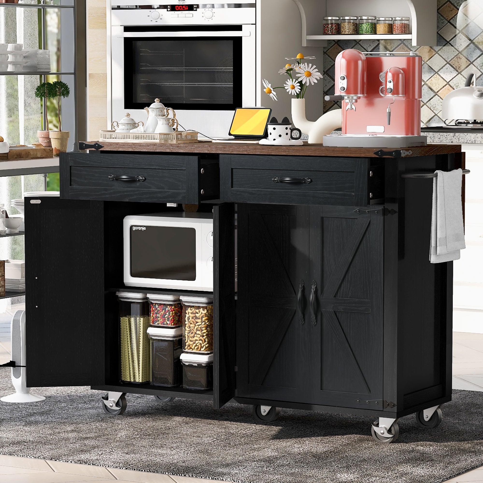Black Dijon farmhouse rolling kitchen island with open cabinet storage microwave shelf drawers towel rack and caster wheels in modern kitchen scene