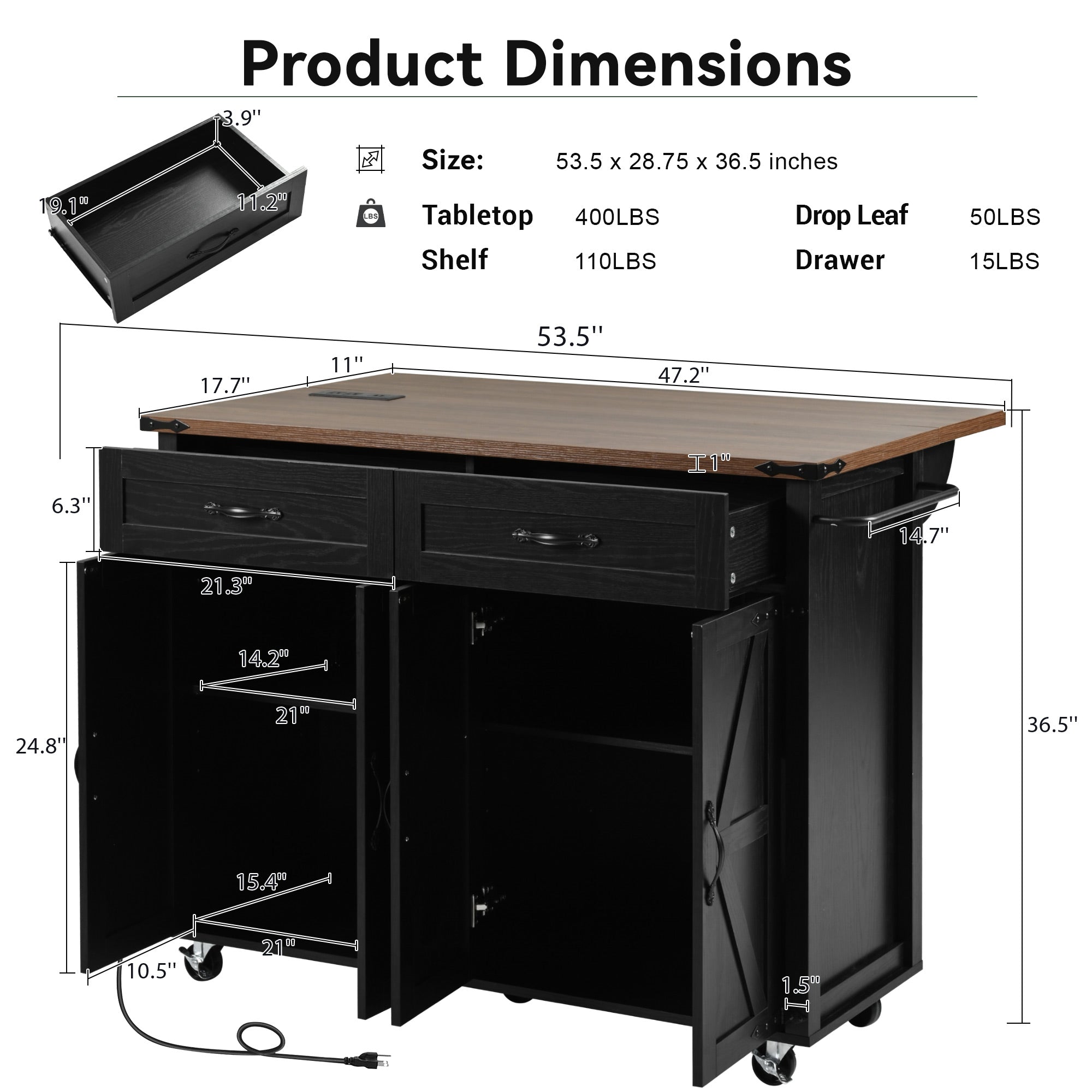 Dimension chart of black Dijon farmhouse rolling kitchen island with storage cabinet drop leaf countertop and caster wheels showing overall measurements and storage dimensions
