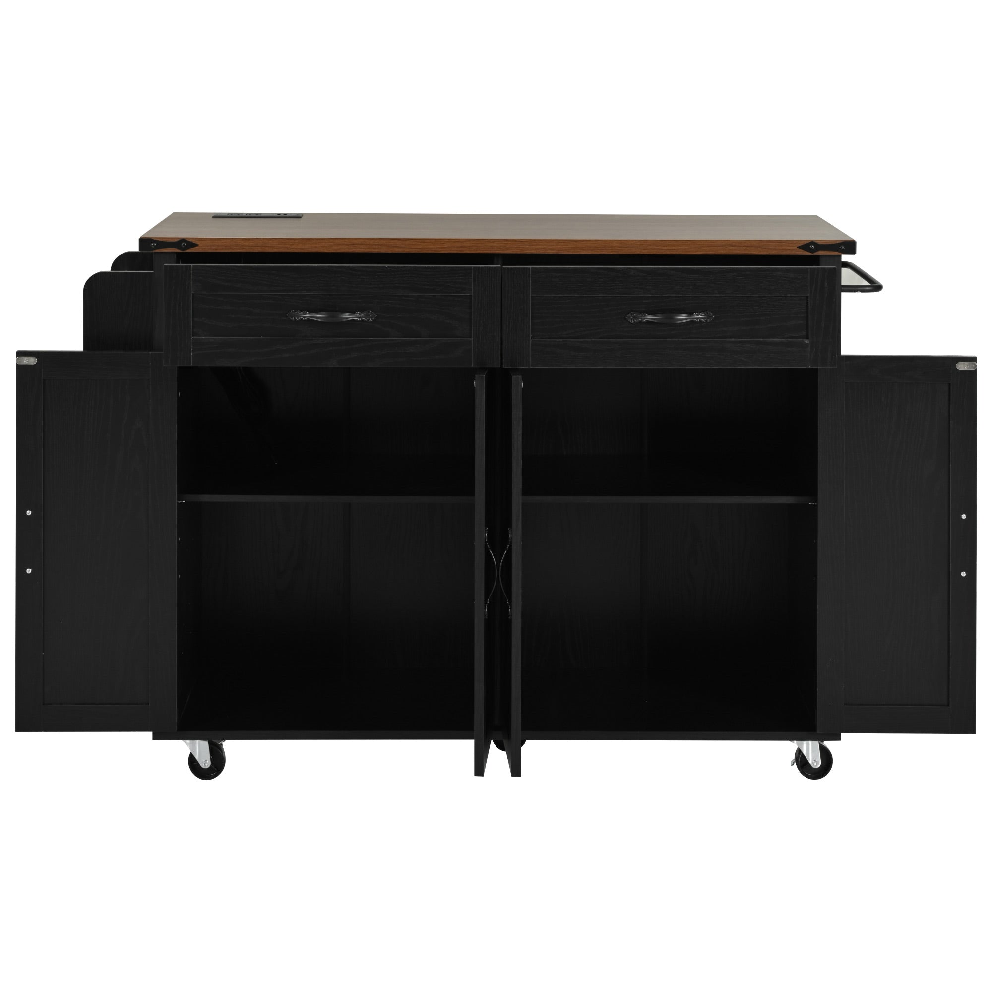 Black Dijon farmhouse rolling kitchen island with open double door cabinet storage adjustable shelves drawers and caster wheels isolated on white background