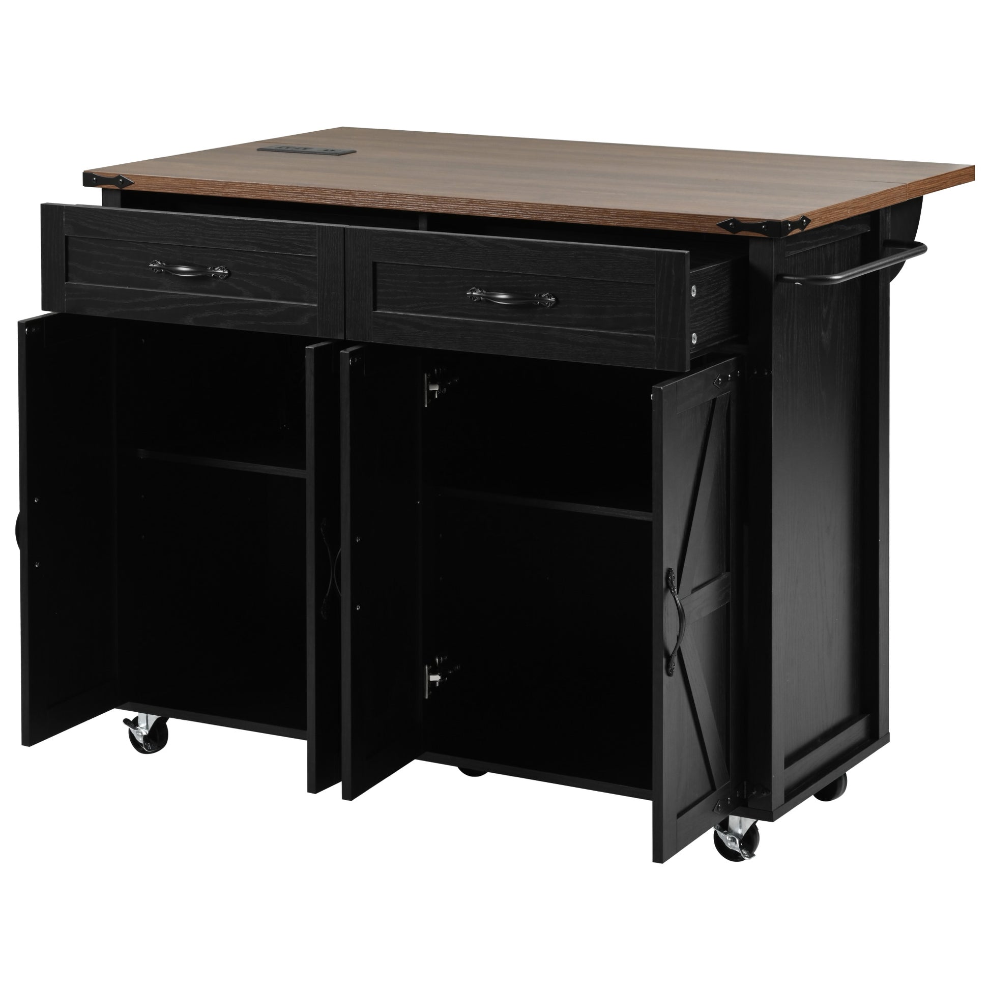 Black Dijon farmhouse rolling kitchen island with open drawers double door cabinet storage towel rack and caster wheels isolated on white background