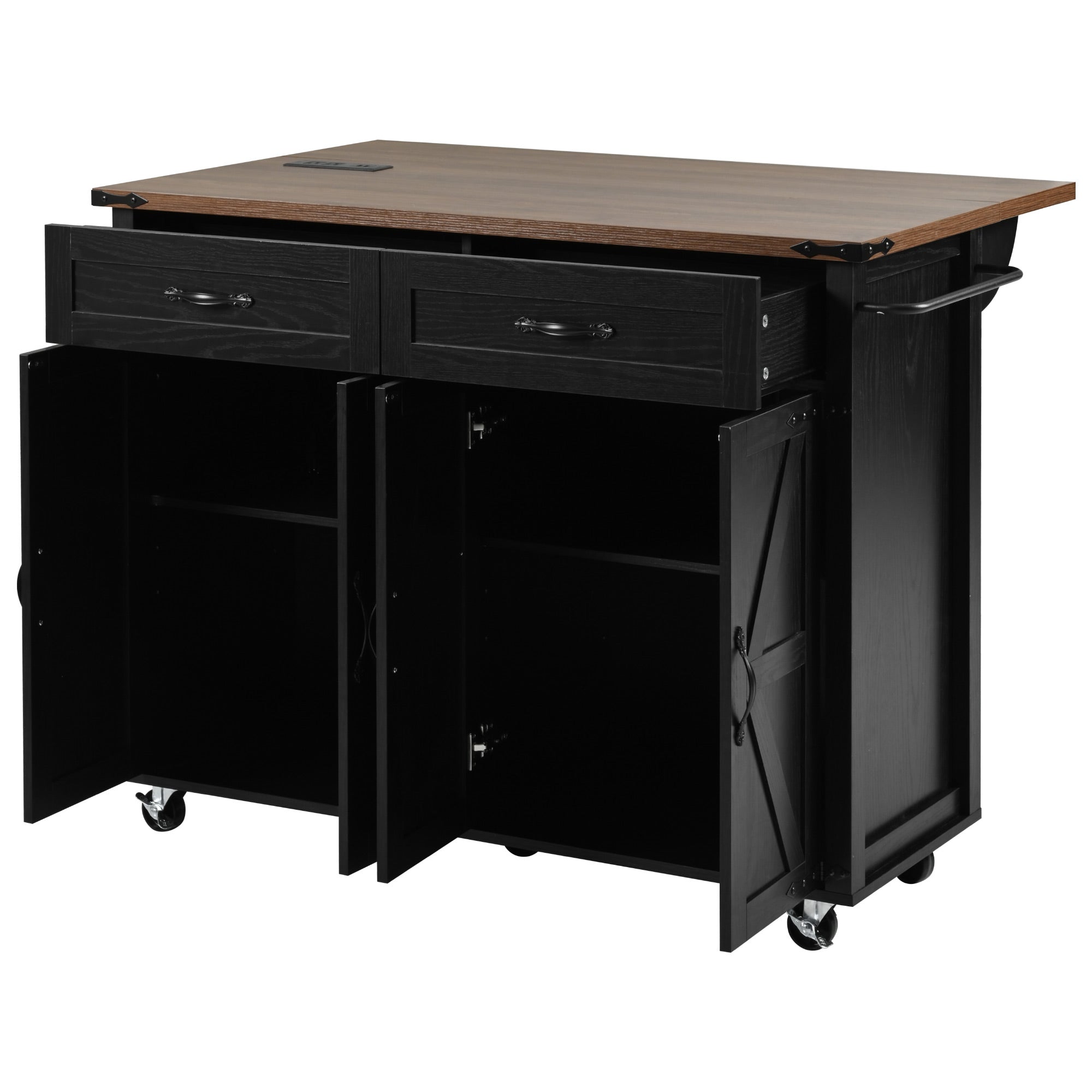 Black Dijon farmhouse rolling kitchen island with open drawers double door cabinet storage towel rack and caster wheels isolated on white background
