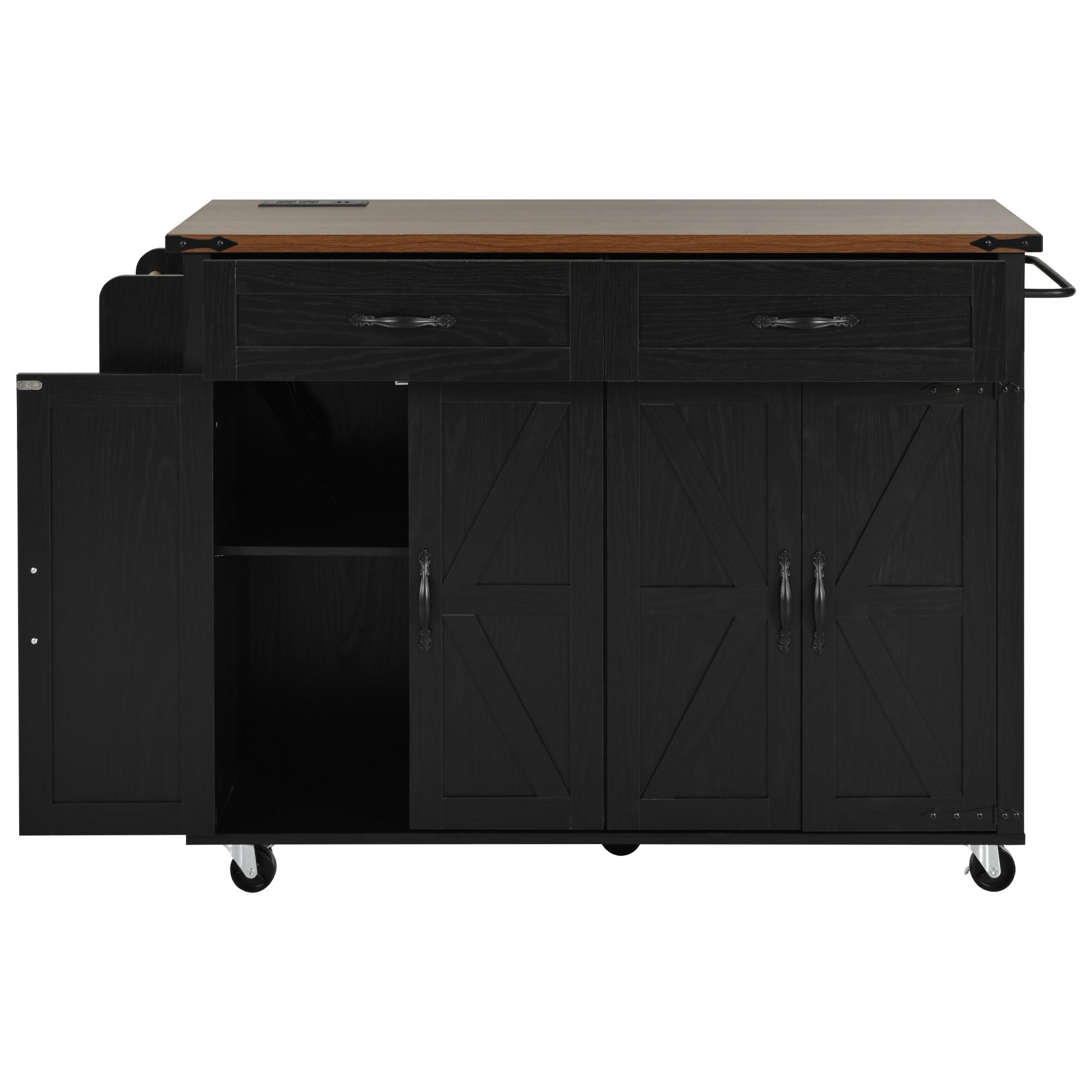 Black Dijon farmhouse rolling kitchen island with partially open cabinet storage drawers towel rack and caster wheels isolated on white background