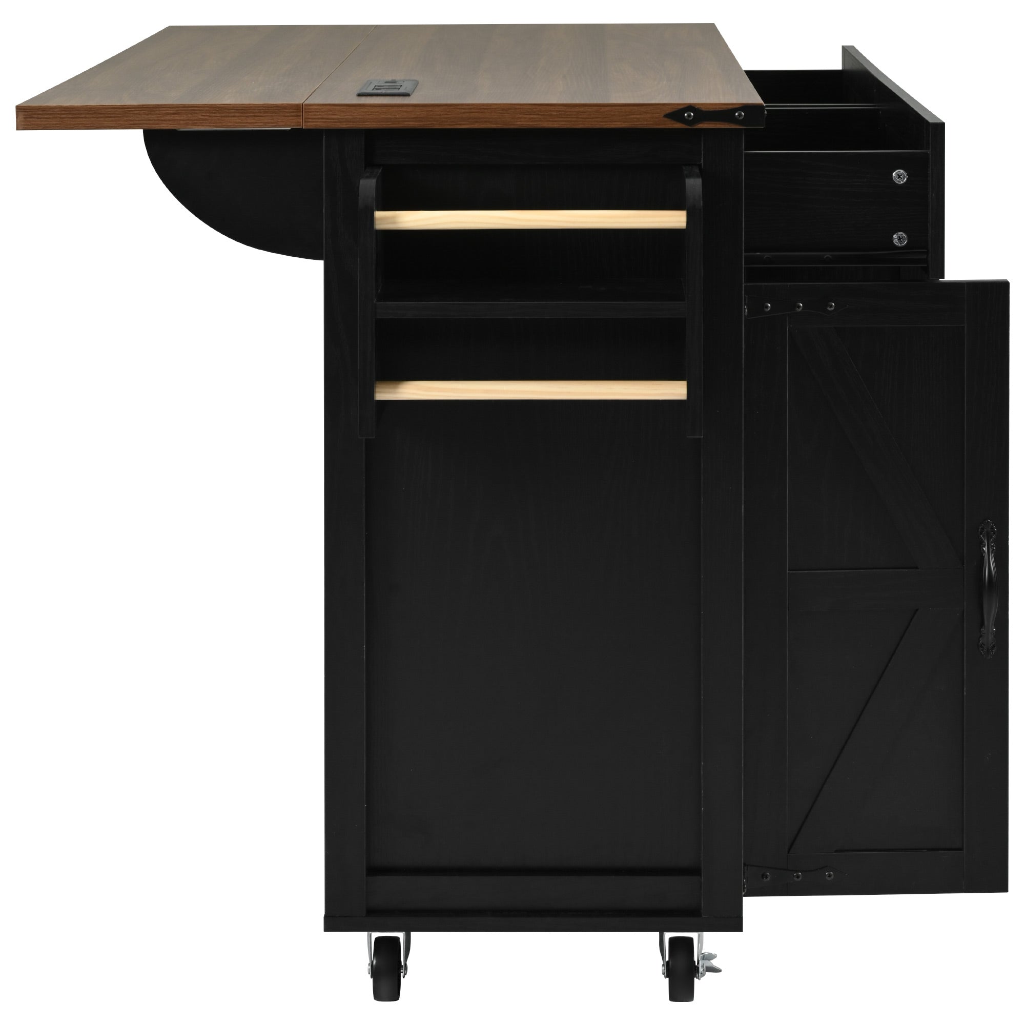 Black Dijon farmhouse rolling kitchen island side view with towel rack open drawer cabinet storage drop leaf countertop and caster wheels isolated on white background
