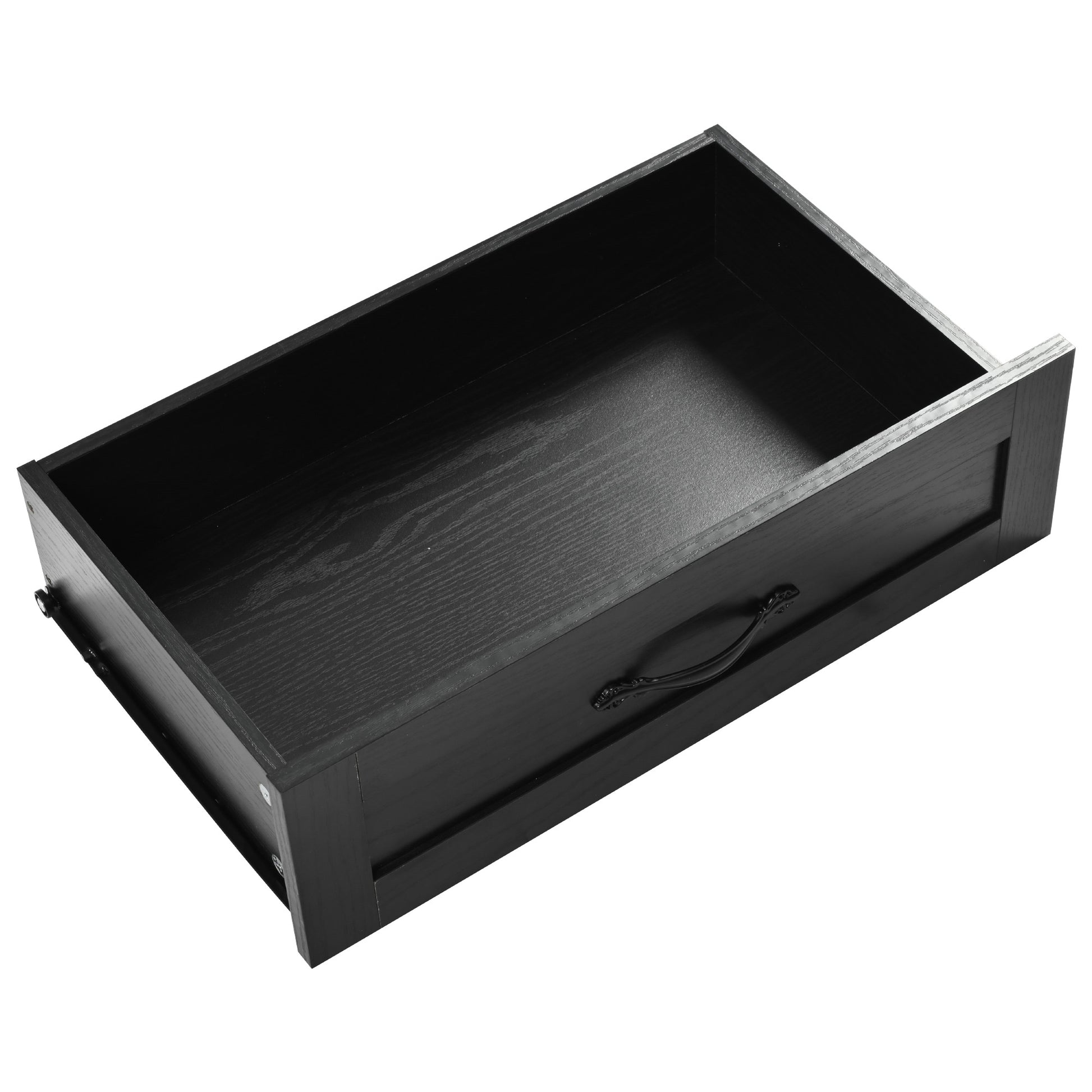 Black Dijon farmhouse kitchen island removable storage drawer with metal handle and spacious interior isolated on white background