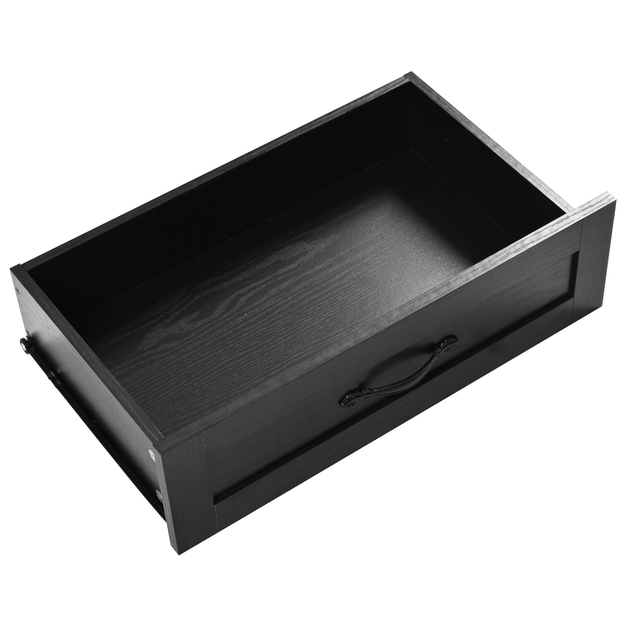 Black Dijon farmhouse kitchen island removable storage drawer with metal handle and spacious interior isolated on white background