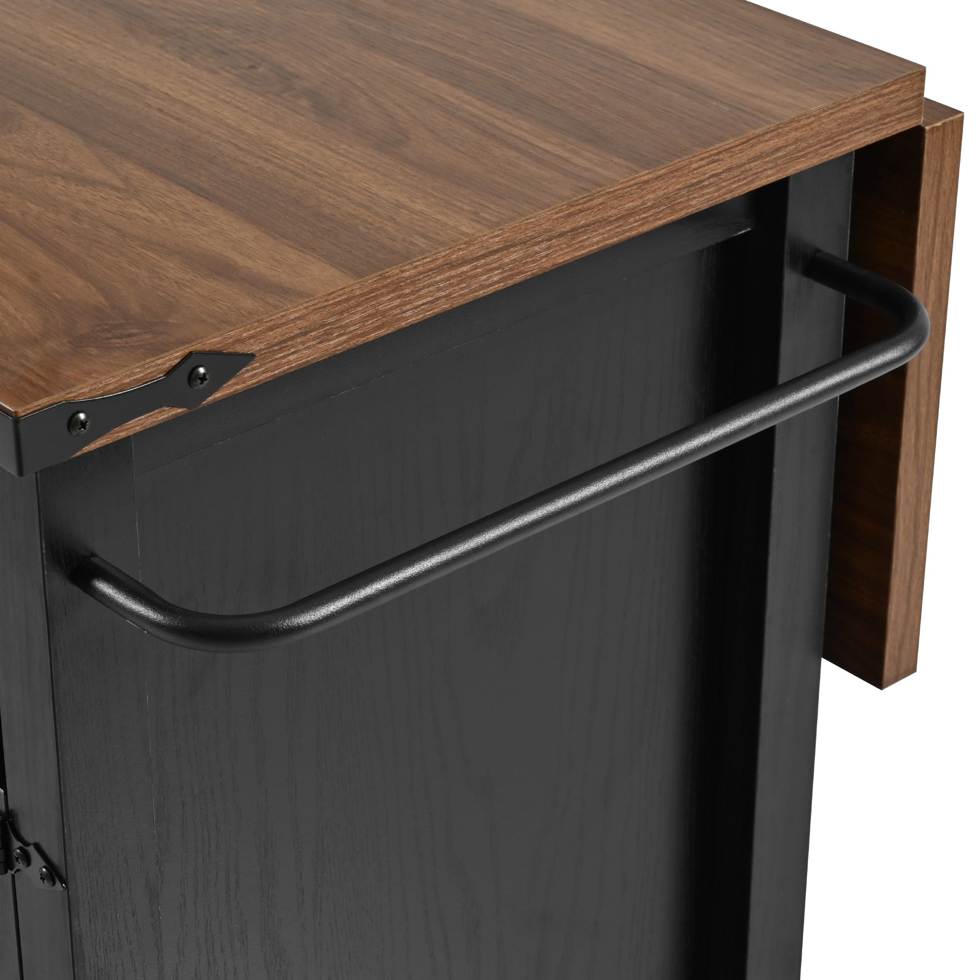 Close-up detail of side towel bar and rustic wood grain countertop on black Dijon farmhouse rolling kitchen island isolated on white background