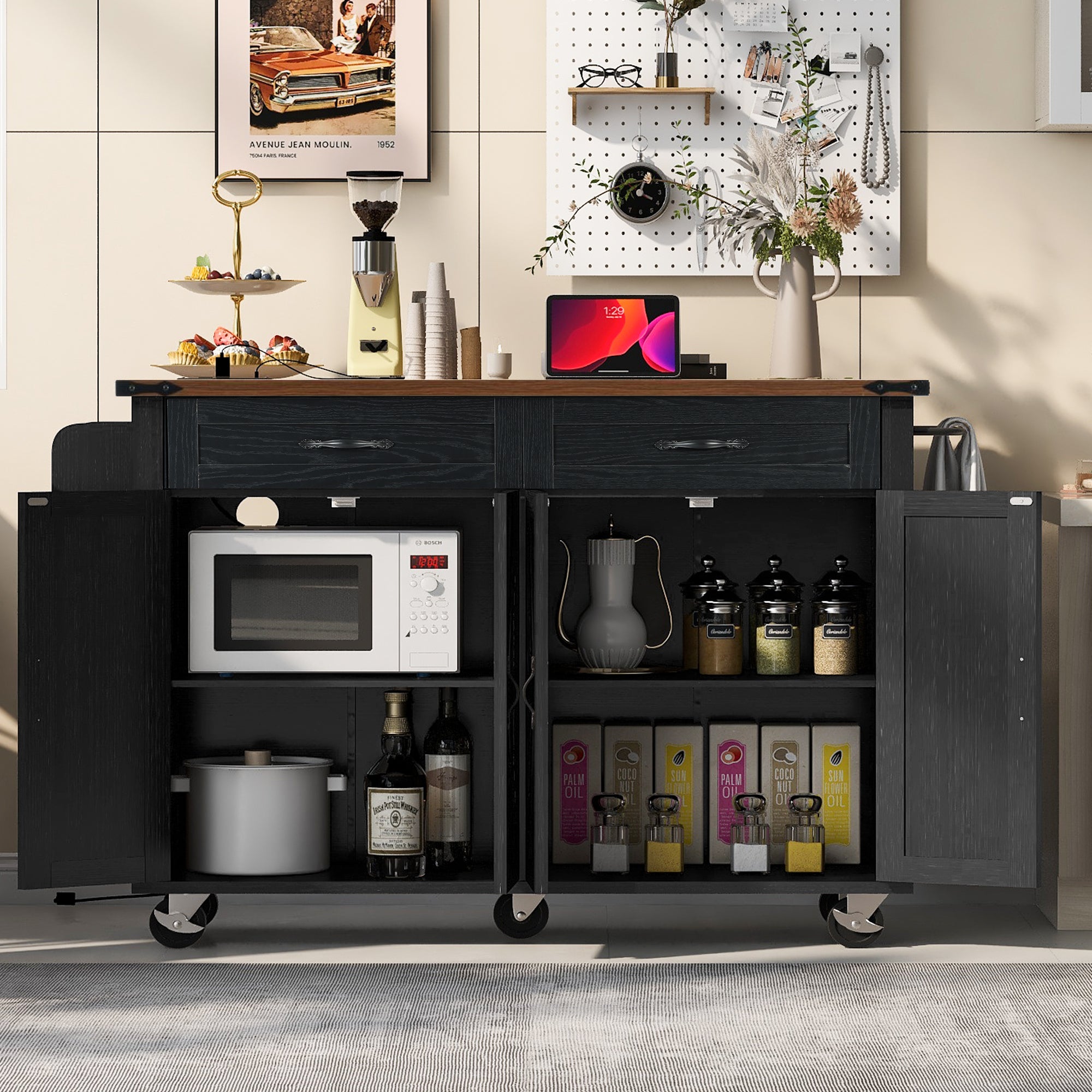 Black Dijon farmhouse rolling kitchen island with open cabinet storage drawers microwave shelf and caster wheels in modern kitchen setup