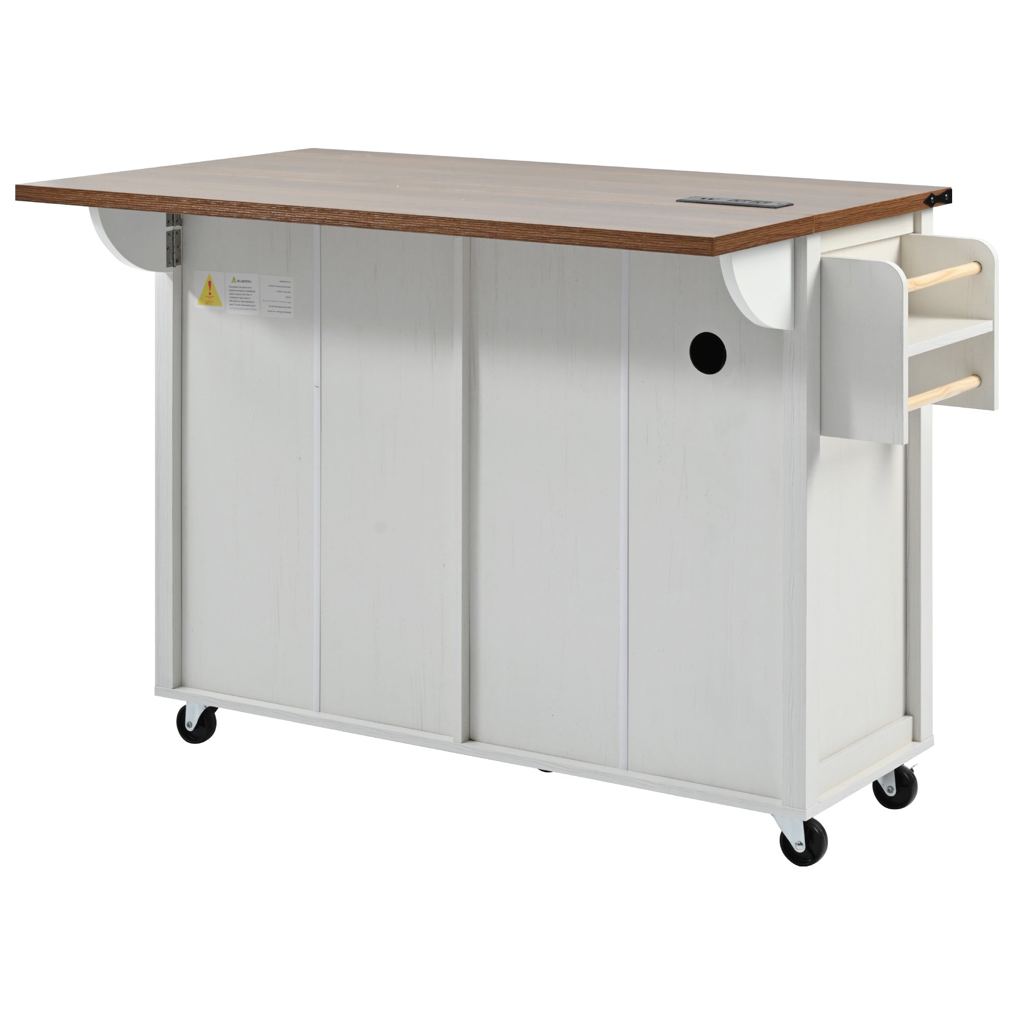 White Dijon farmhouse rolling kitchen island with expanded drop leaf wood grain countertop side storage rack caster wheels and rear cable management hole isolated on white background