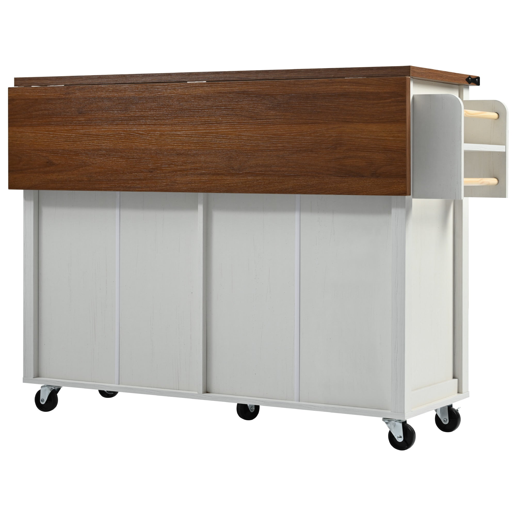 White Dijon farmhouse rolling kitchen island back view with folded drop leaf side storage rack caster wheels and wood grain countertop isolated on white background