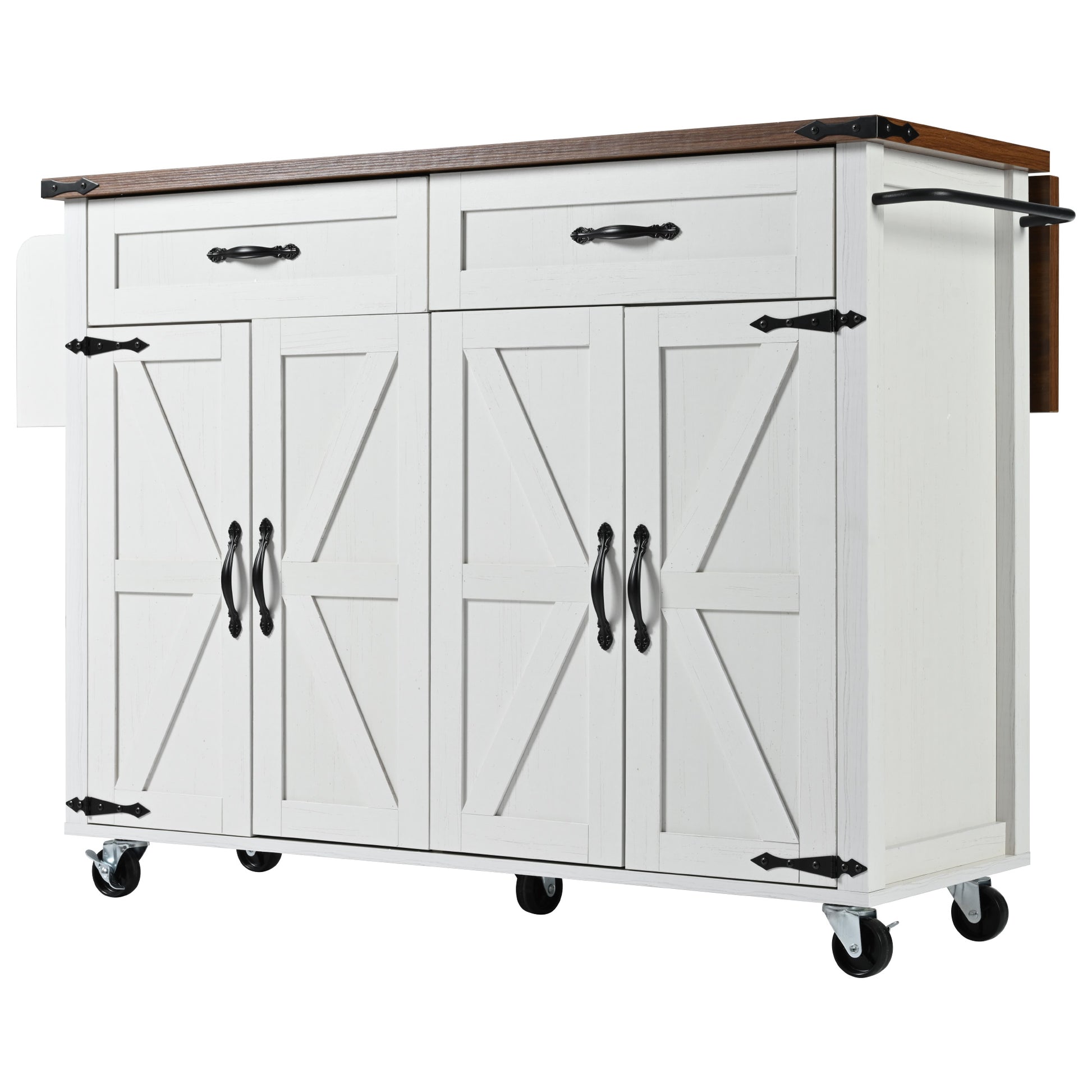 White Dijon farmhouse rolling kitchen island with double cabinet doors drawers metal handles caster wheels and wood grain countertop front right angle view isolated on white background