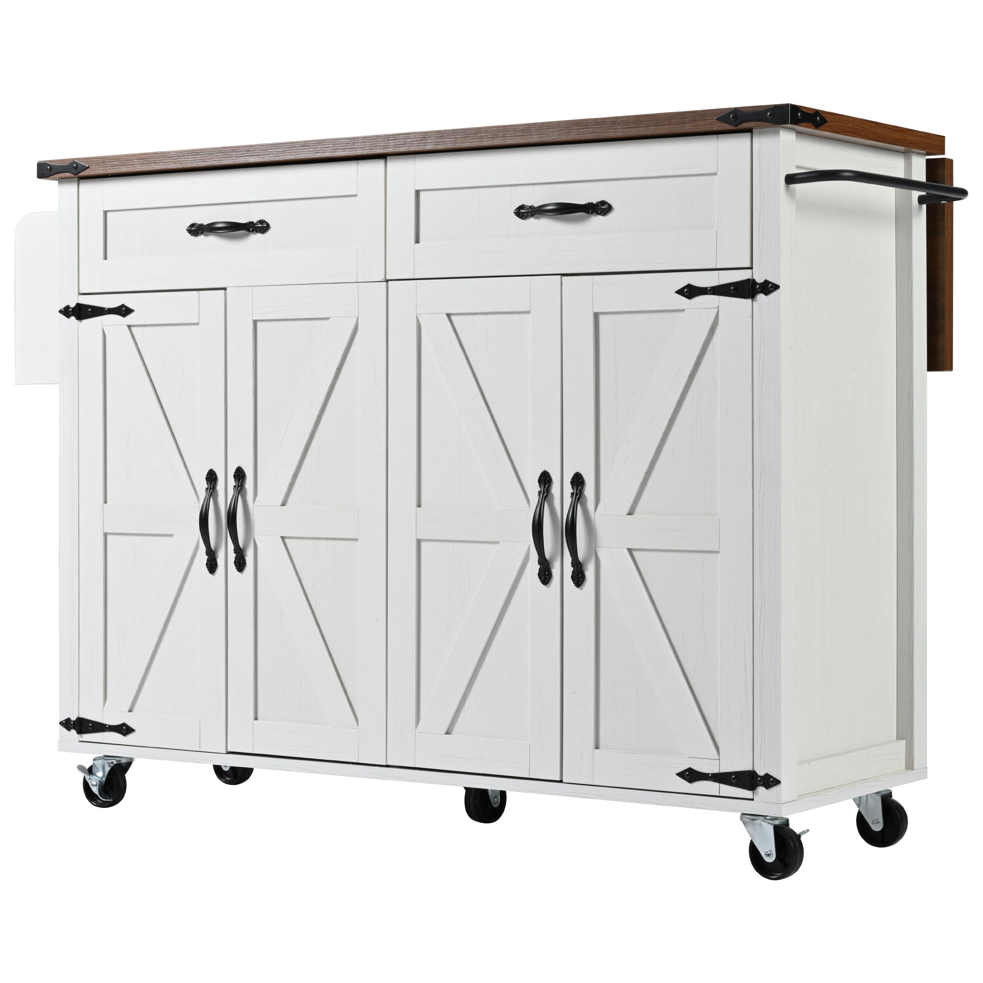 White Dijon farmhouse rolling kitchen island with double cabinet doors drawers metal handles caster wheels and wood grain countertop front right angle view isolated on white background