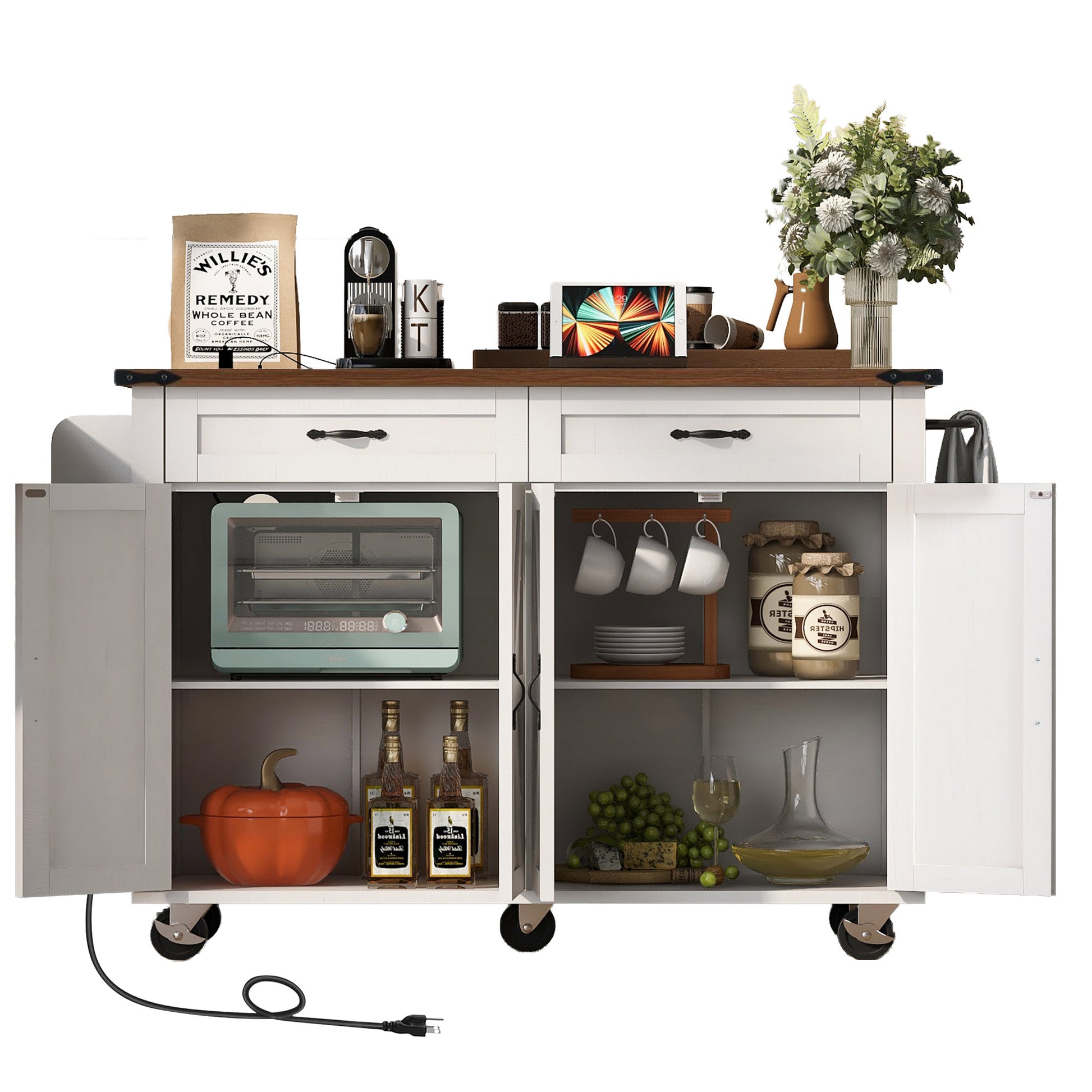 White Dijon farmhouse rolling kitchen island with open double door cabinet storage wood grain countertop caster wheels and power outlet front view isolated on white background