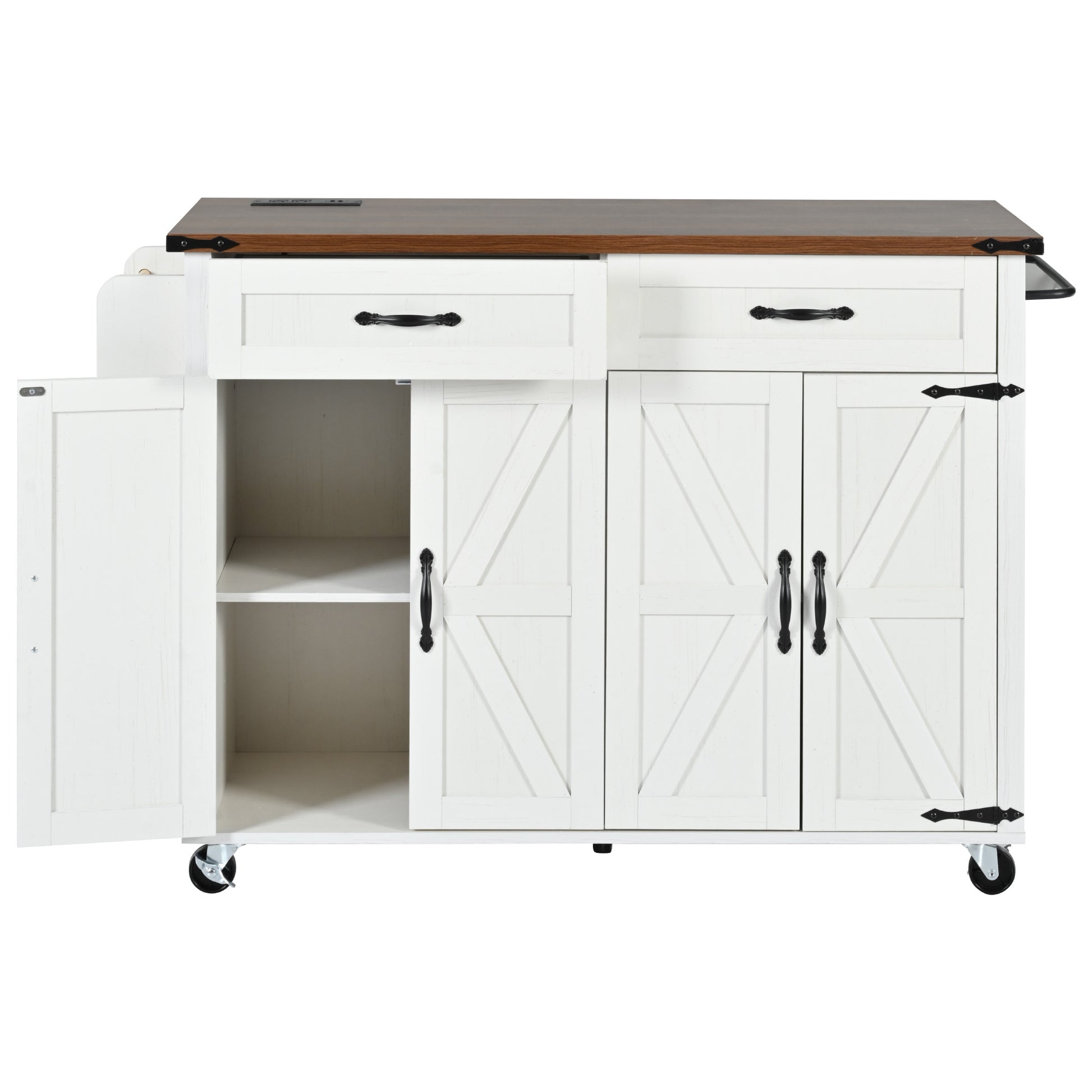 White Dijon farmhouse rolling kitchen island with open cabinet door storage drawers wood grain countertop and caster wheels front view isolated on white background