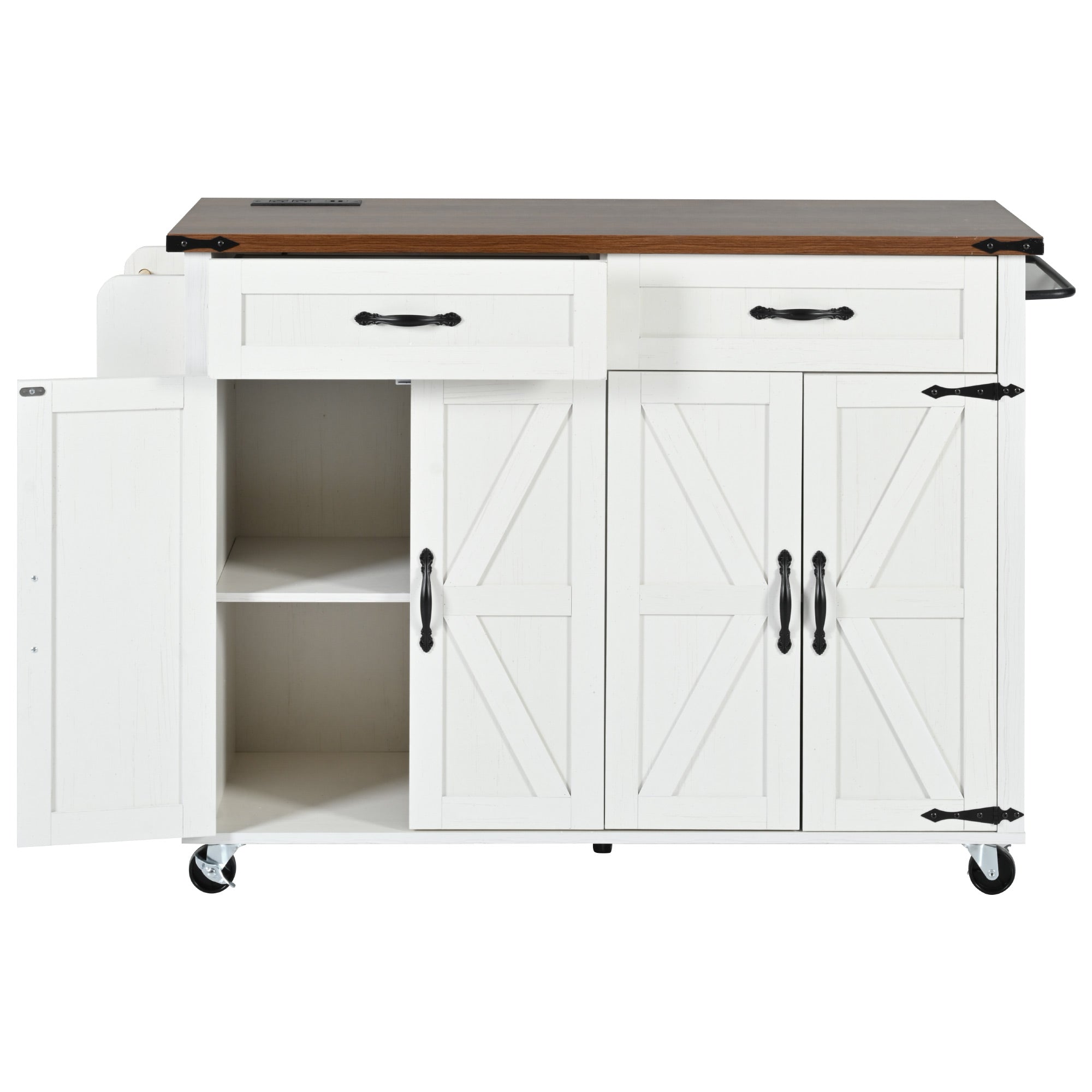 White Dijon farmhouse rolling kitchen island with open cabinet door storage drawers wood grain countertop and caster wheels front view isolated on white background