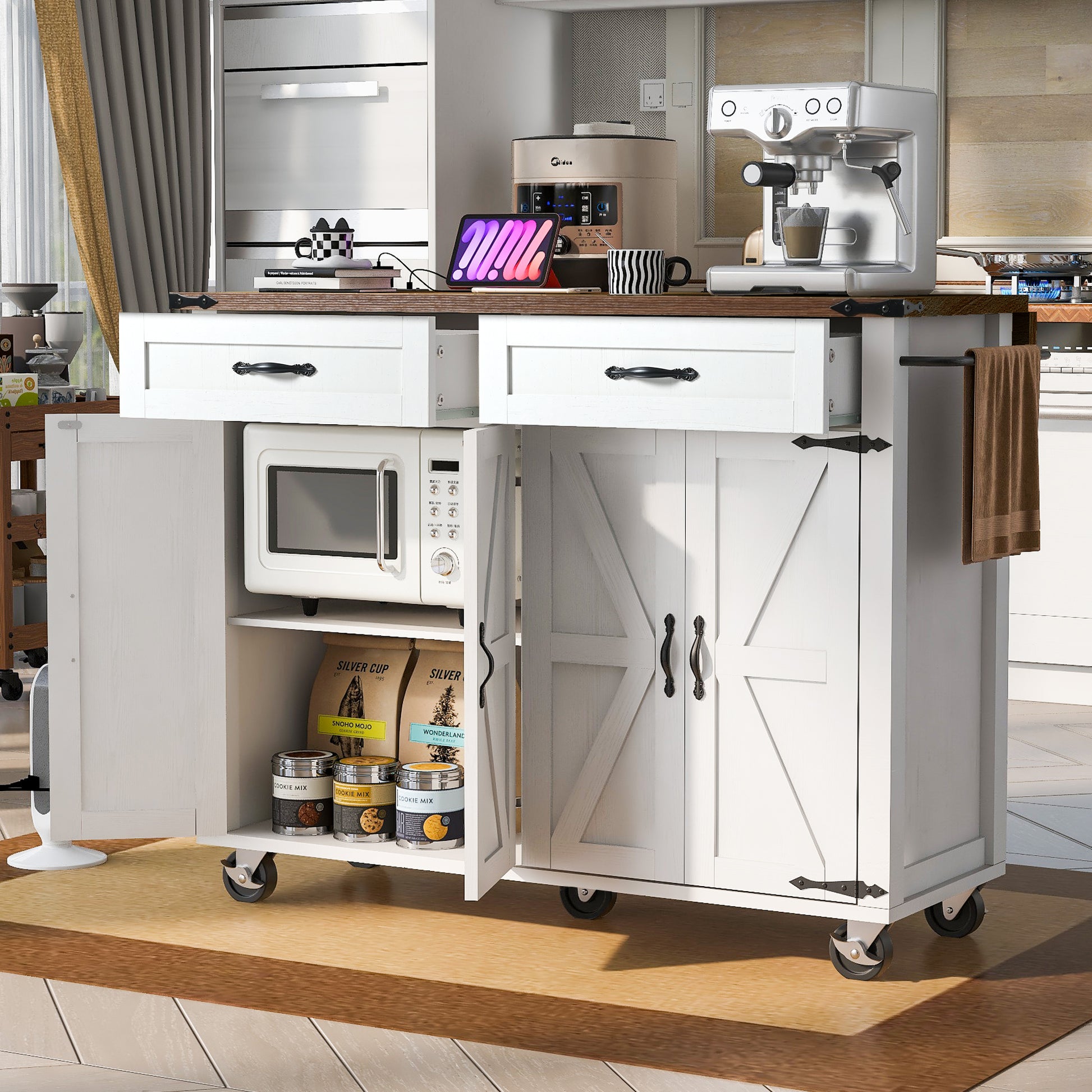 White Dijon farmhouse rolling kitchen island with open cabinet storage microwave shelf drawers towel rack and caster wheels in modern kitchen scene