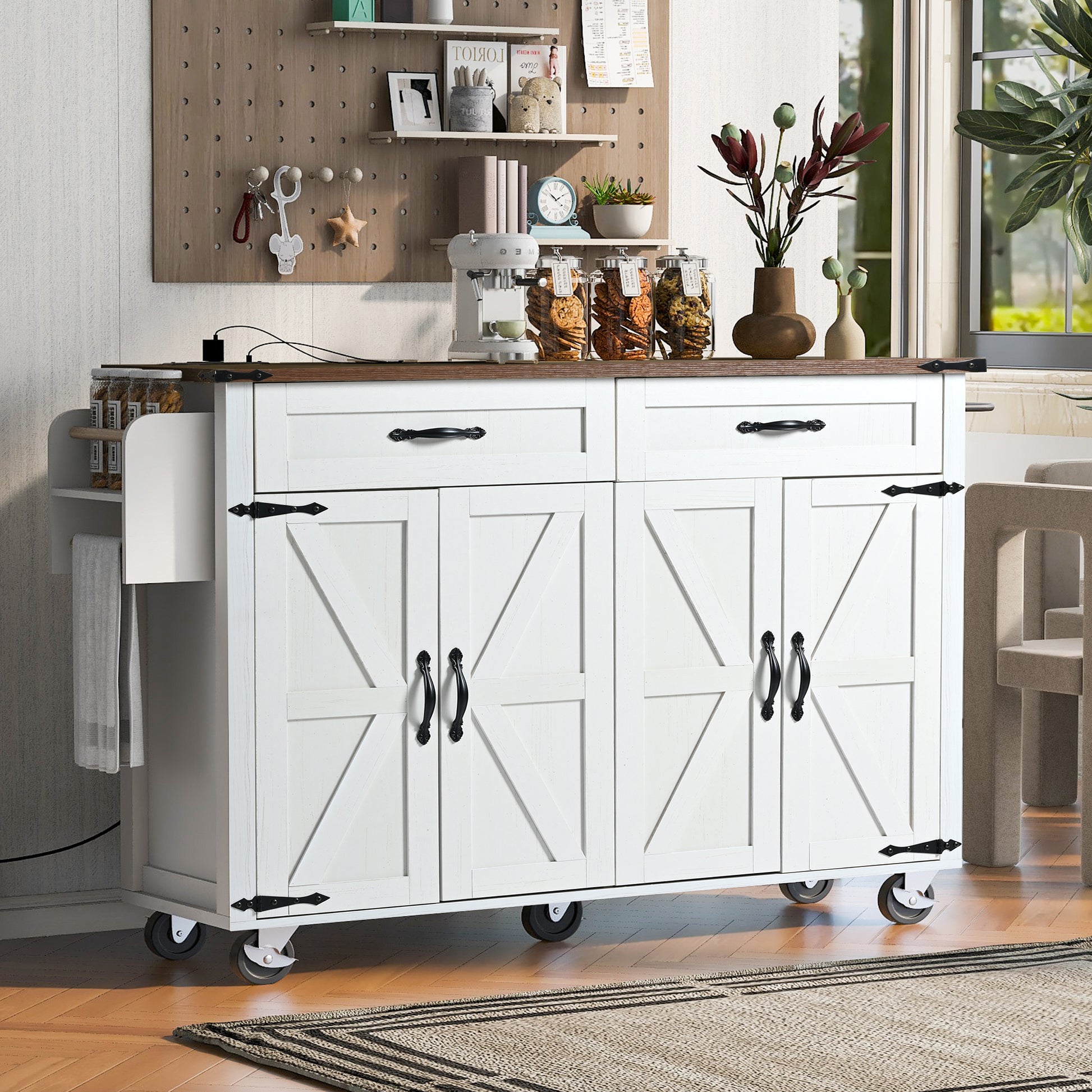 White Dijon farmhouse rolling kitchen island with double cabinet doors drawers side storage rack and caster wheels in cozy modern kitchen scene