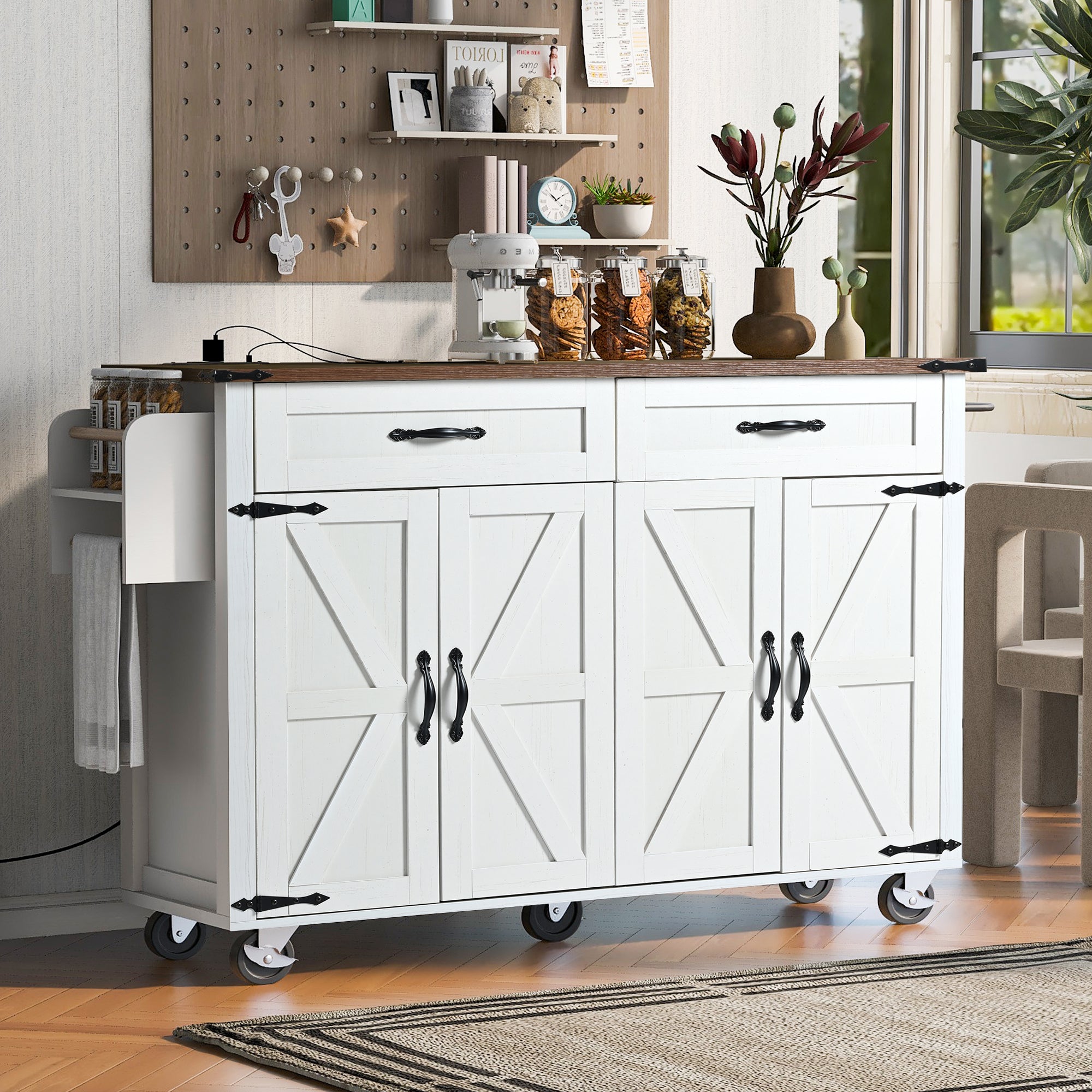 White Dijon farmhouse rolling kitchen island with double cabinet doors drawers side storage rack and caster wheels in cozy modern kitchen scene