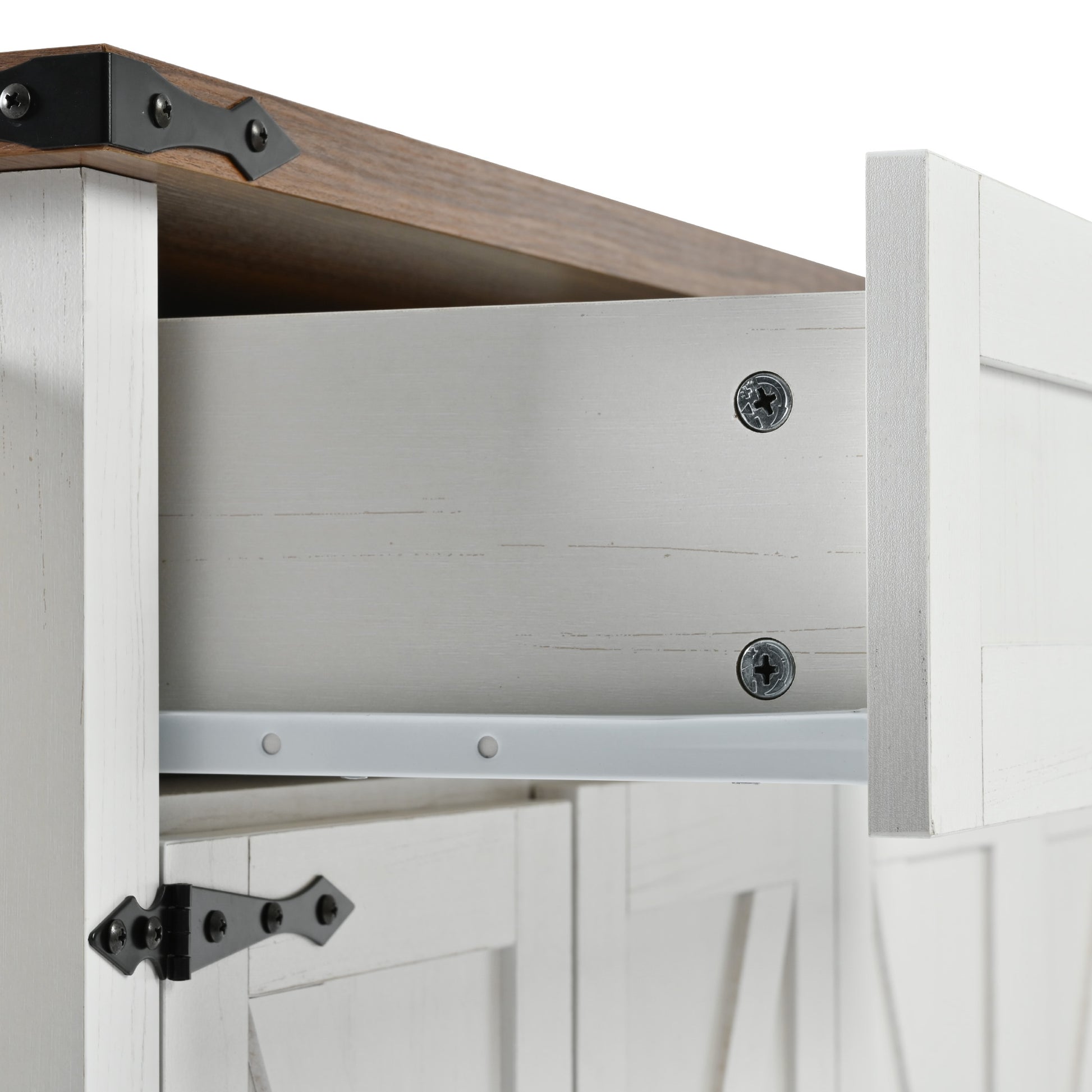 Close-up detail of white storage drawer with metal slide rail on Dijon farmhouse rolling kitchen island isolated on white background