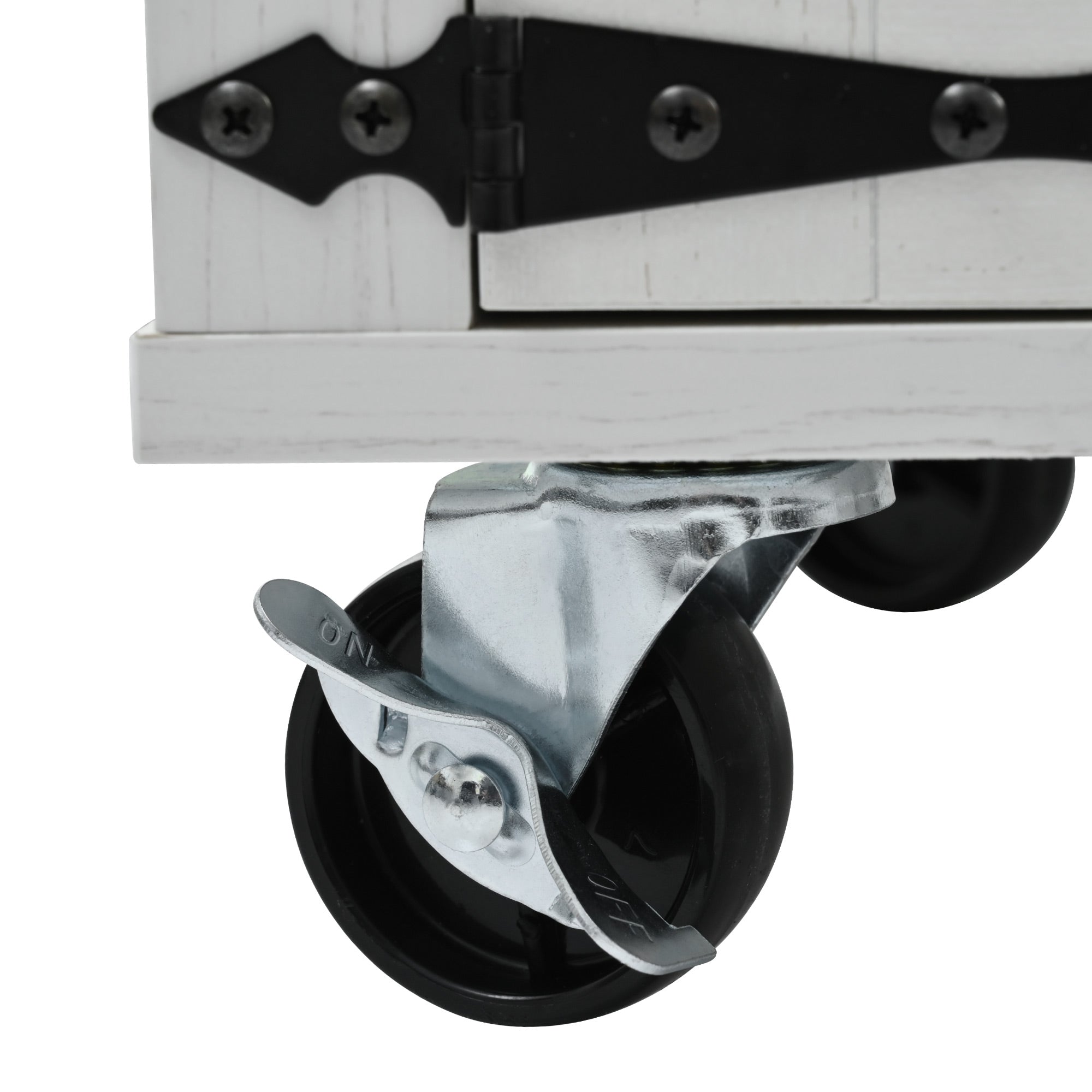 Close-up detail of locking caster wheel and farmhouse hinge hardware on white Dijon rolling kitchen island isolated on white background