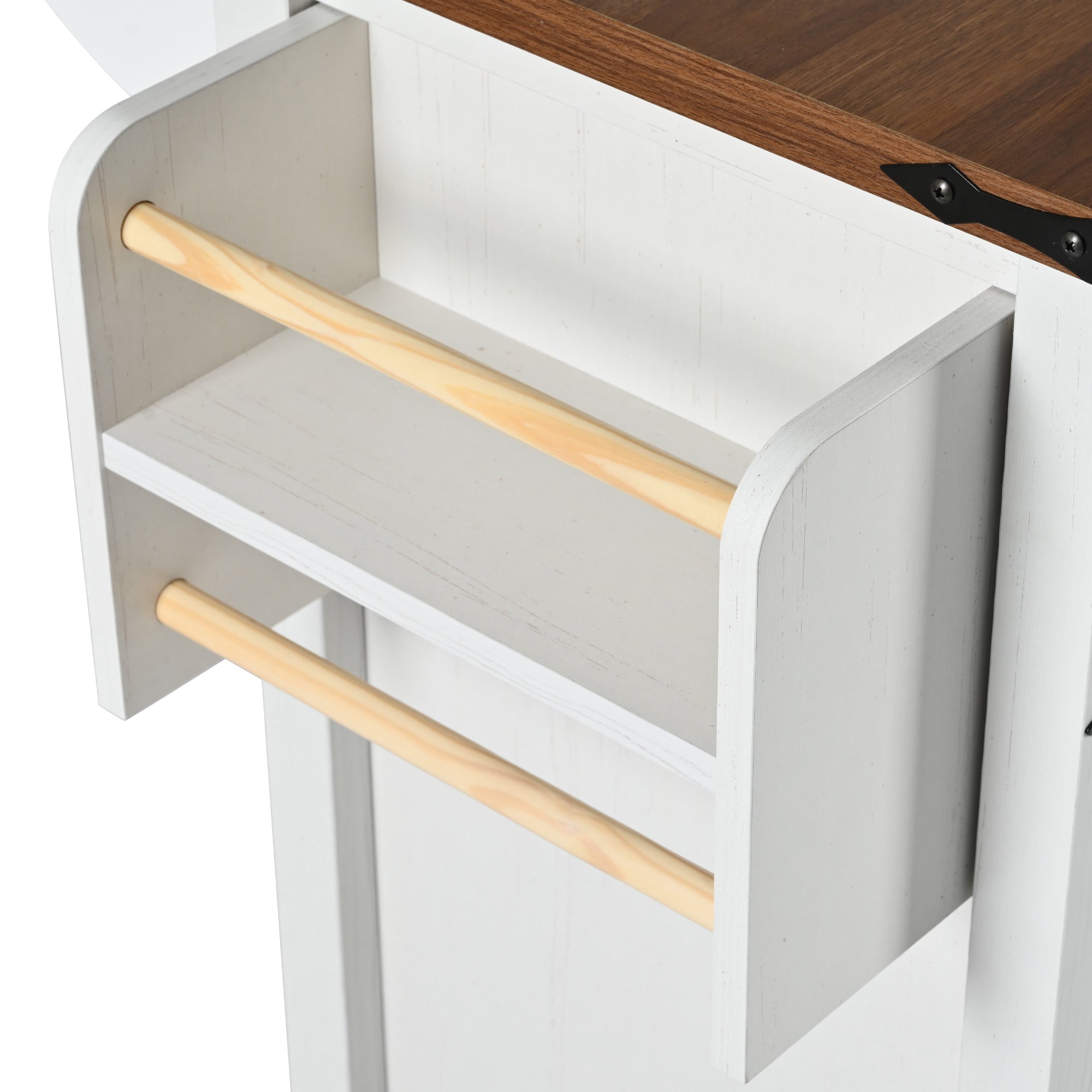 Close-up side storage rack and towel holder detail of white Dijon farmhouse rolling kitchen island with rustic wood countertop isolated on white background