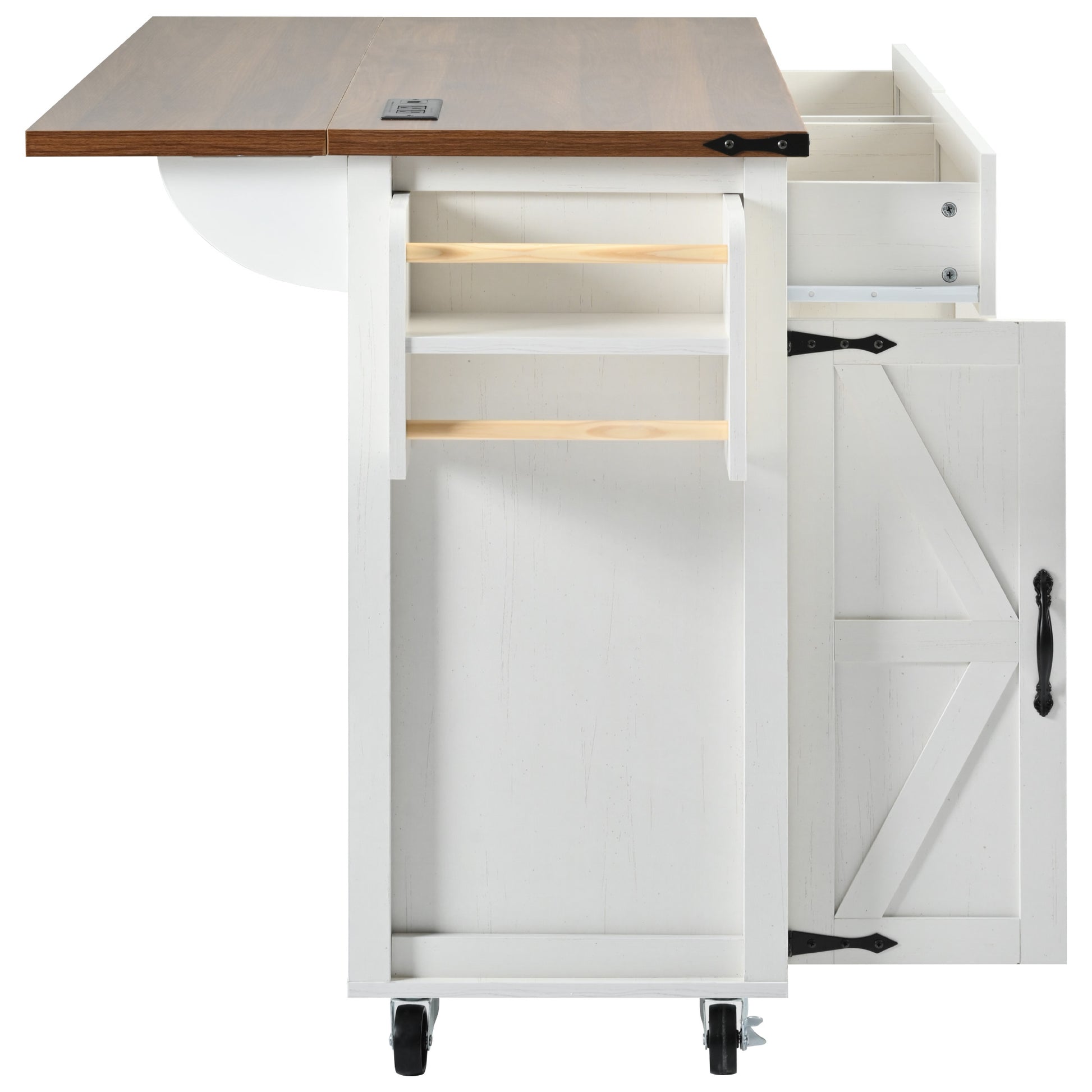 White Dijon farmhouse rolling kitchen island side view with open drawer cabinet door side storage rack expanded drop leaf countertop and caster wheels isolated on white background