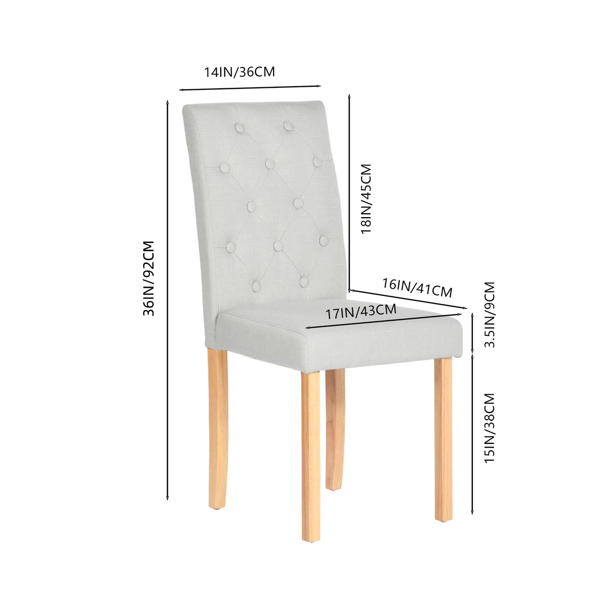 Douro light grey button tufted Parsons dining chair showing product dimensions