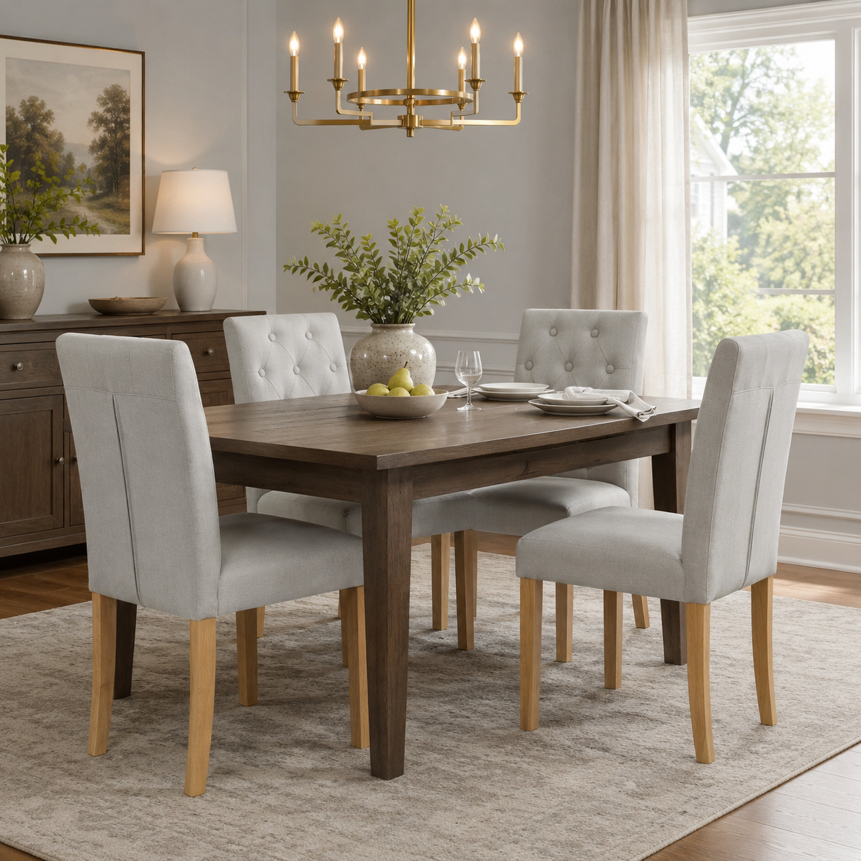 Douro button tufted Parsons dining chairs in light grey with solid wood legs around a dark wood dining table