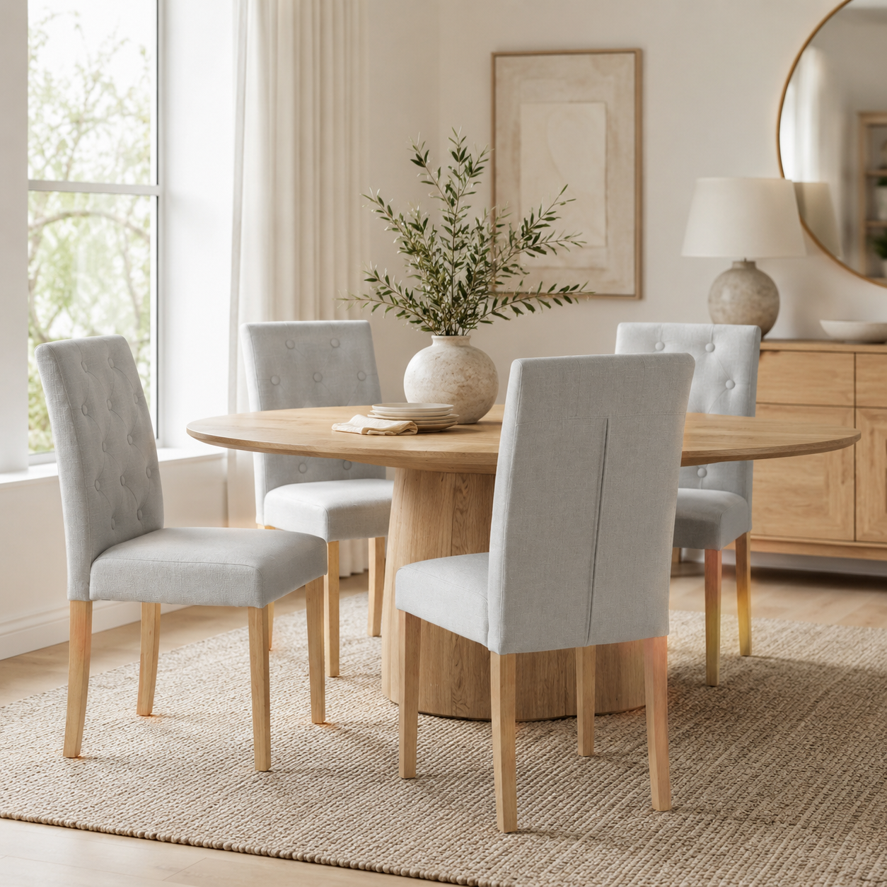 Douro light grey Parsons dining chair set of 4 with solid wood legs in a bright dining room