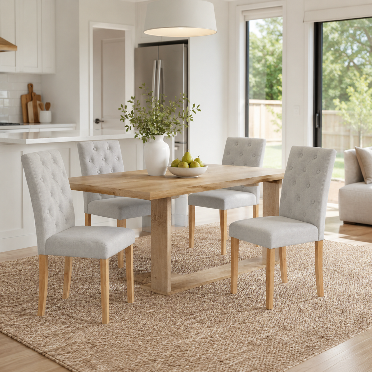 Douro button tufted dining chairs in light grey styled around a dining table in a modern dining space