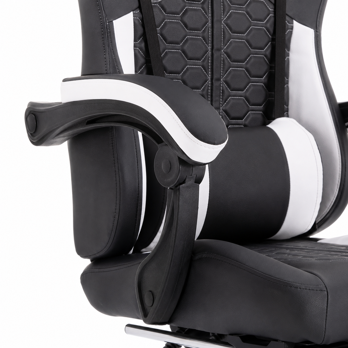 Draco black gaming chair showing armrest and seat side detail