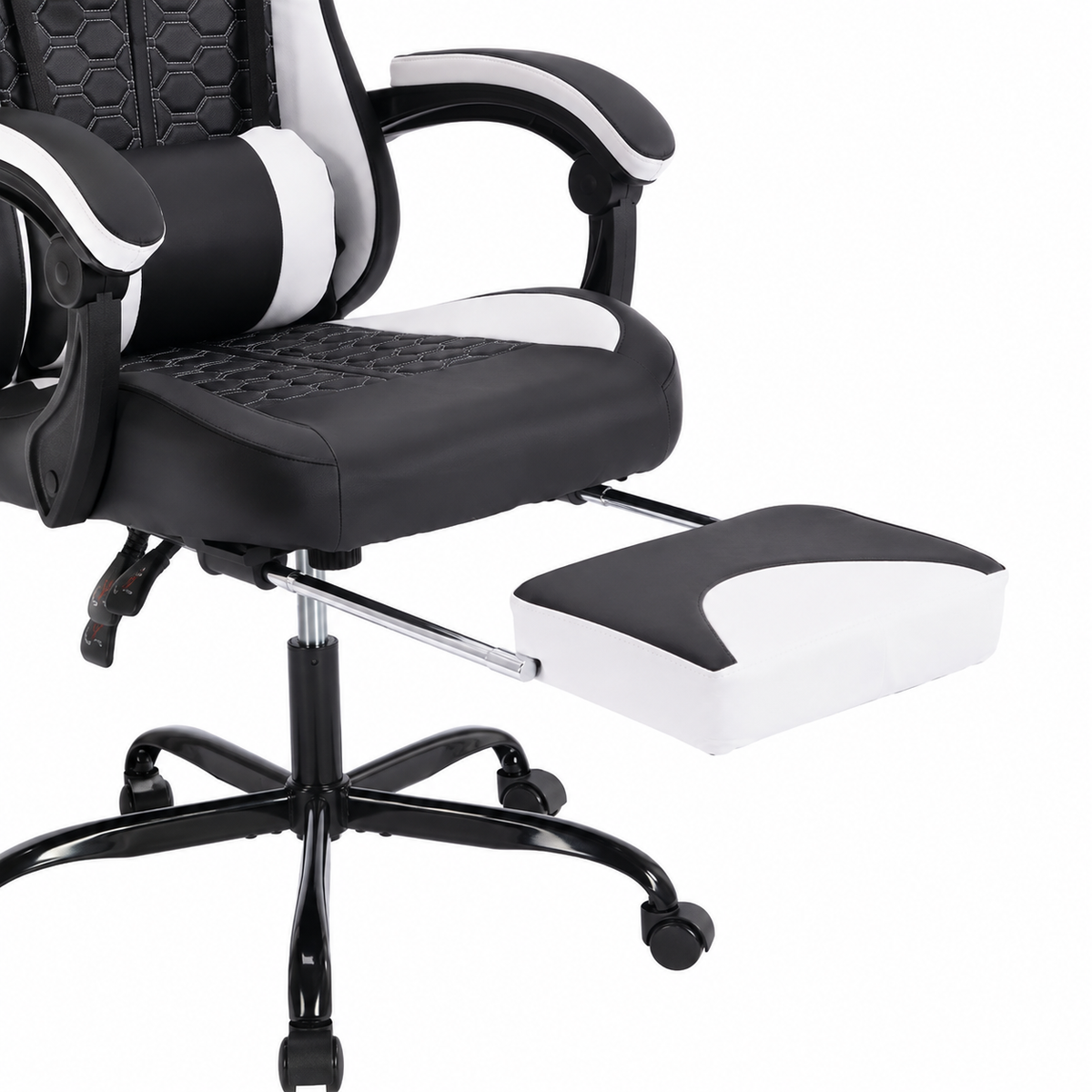 Draco black gaming chair showing retractable footrest detail