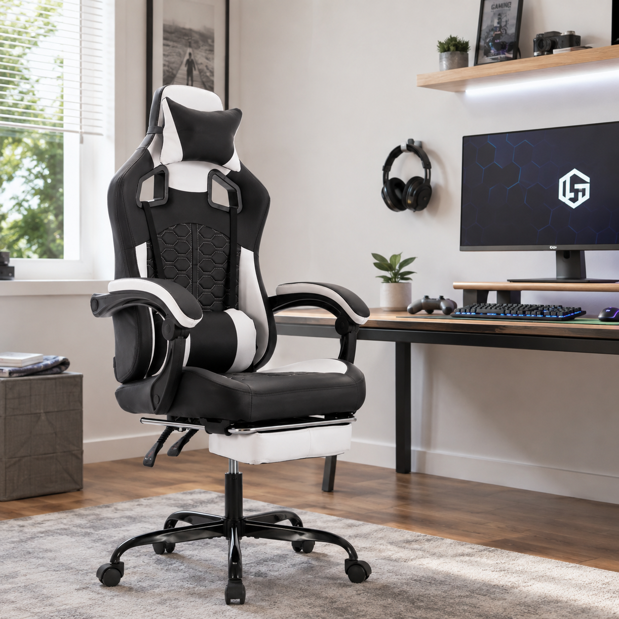 Draco black ergonomic gaming chair with lumbar cushion and footrest in a modern gaming workspace