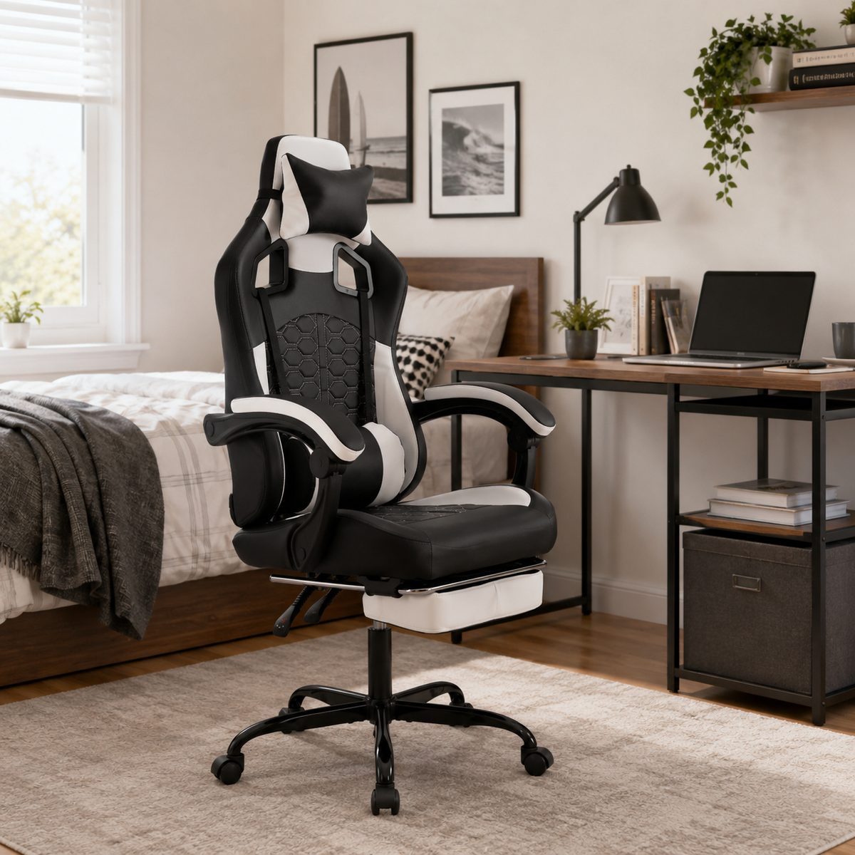 Draco black gaming chair beside a computer desk in a bright home office