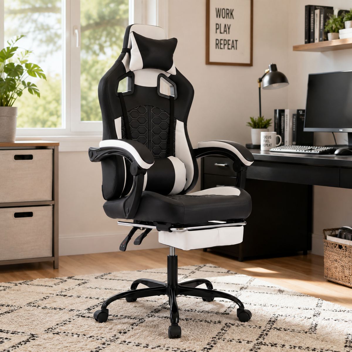Draco black ergonomic gaming chair in a warm workspace with wood desk and plants
