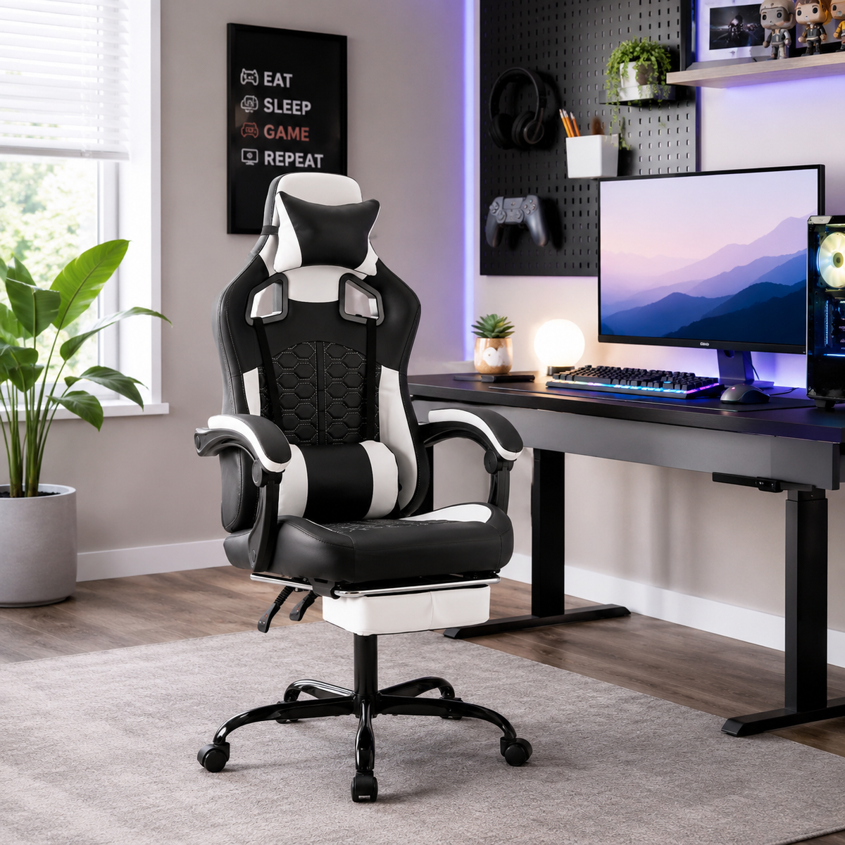 Draco black gaming chair with lumbar support in a contemporary desk setup