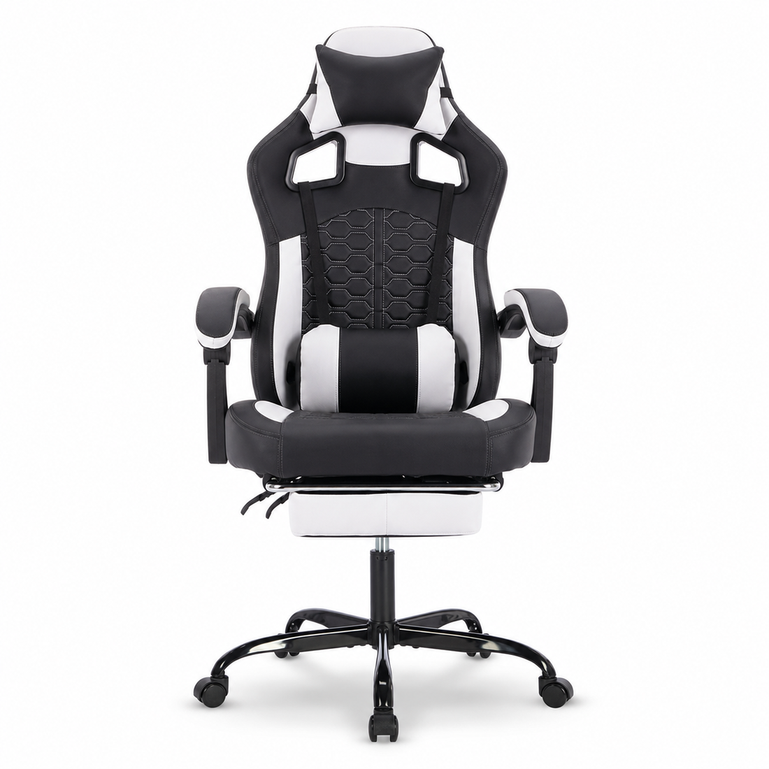 Draco black ergonomic gaming chair straight front view on white background