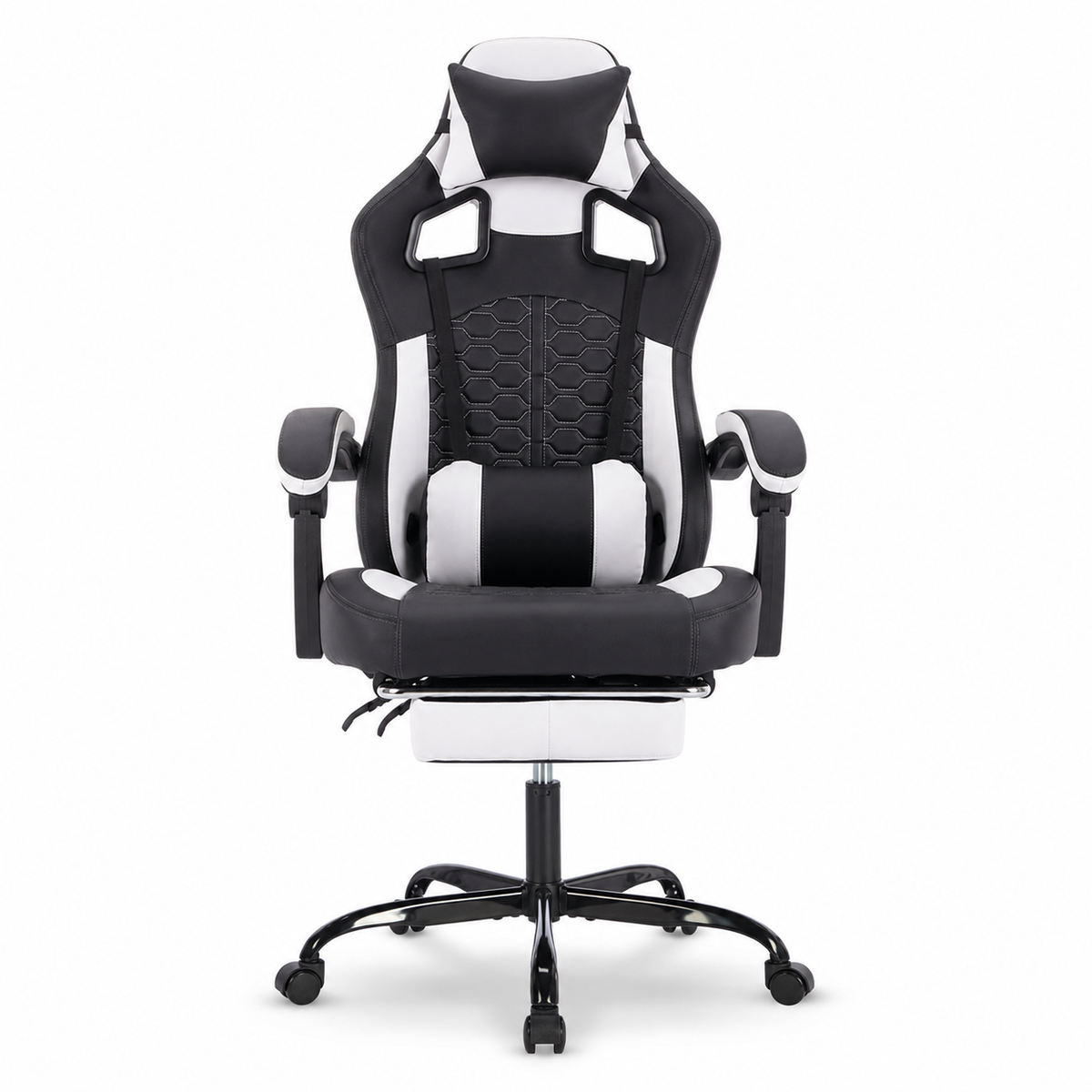 Draco black ergonomic gaming chair straight front view on white background